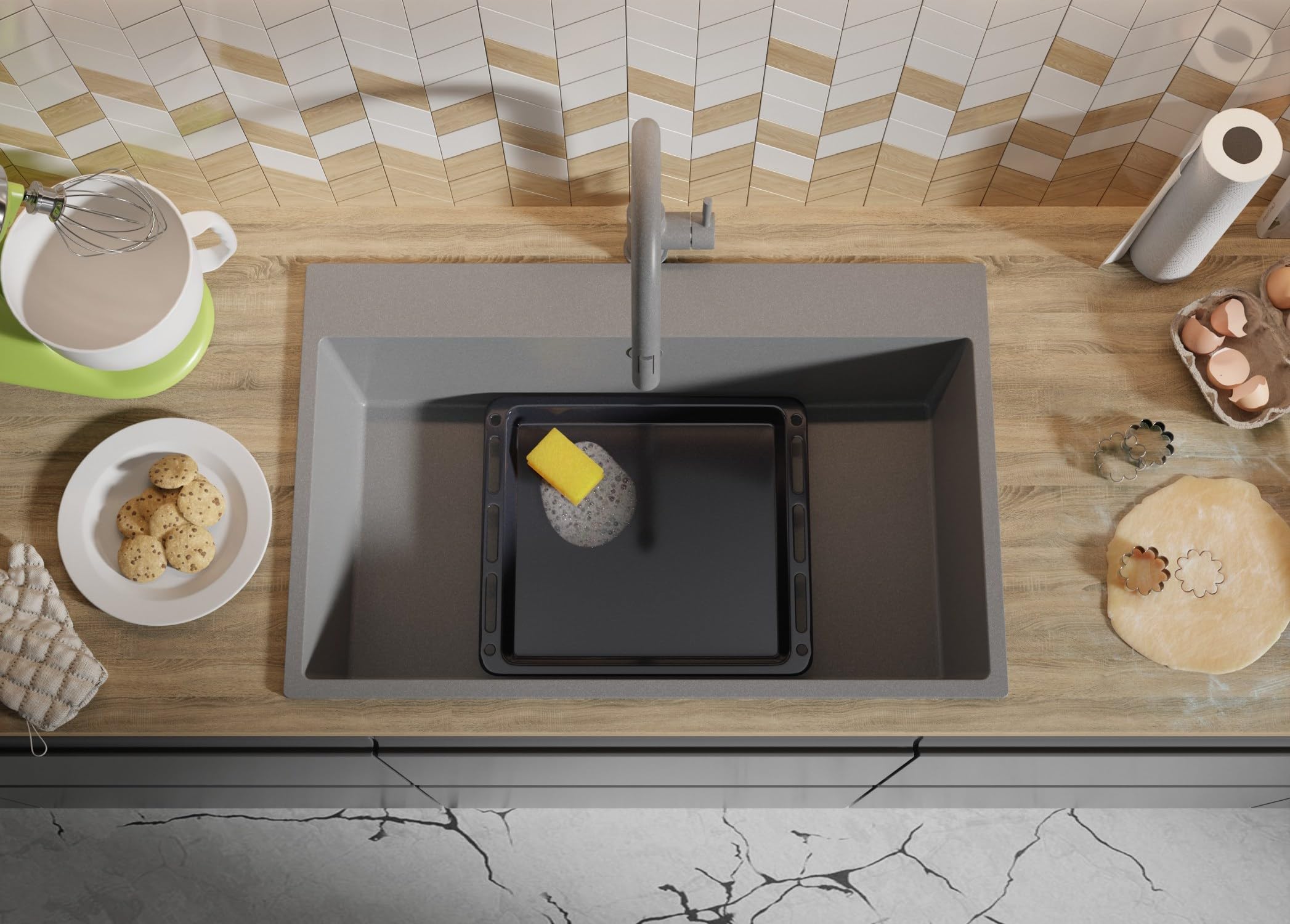PRIMAGRAN Evier Cuisine en Granit Gris - Riga, 78x50cm | Lavabo 1 Bac + Kit de Vidage, Évier à Encastrer au Meuble 80cm (S399)