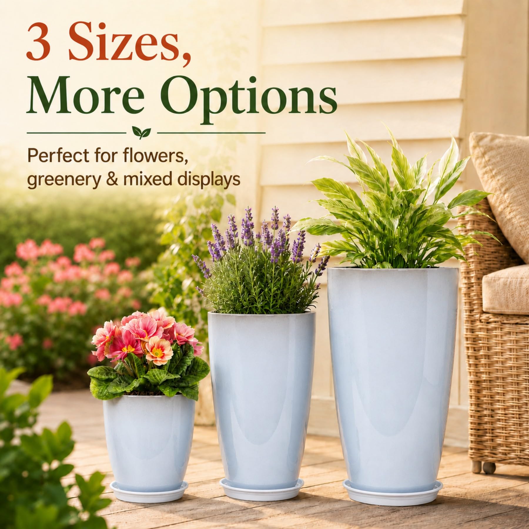 Neoaider Lot de 3 grands pots de fleurs en plastique, 150 cm, 30,5 cm