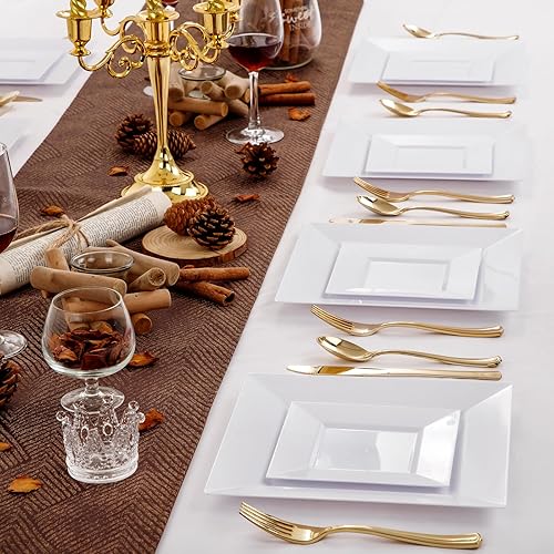 Miniatura 8 de Liacere 100 platos de plástico cuadrados blancos y 200 cubiertos de plástico dorados para fiestas
