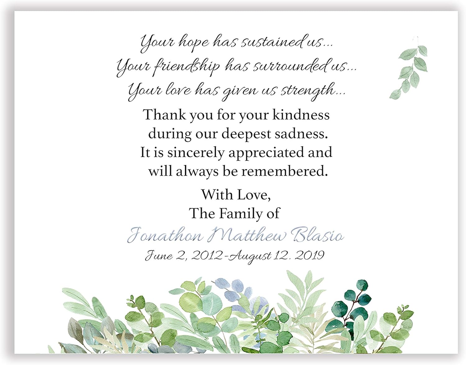 Sympathy Acknowledgement Cards, Funeral Thank You and Bereavement Notes Personalized with Envelopes