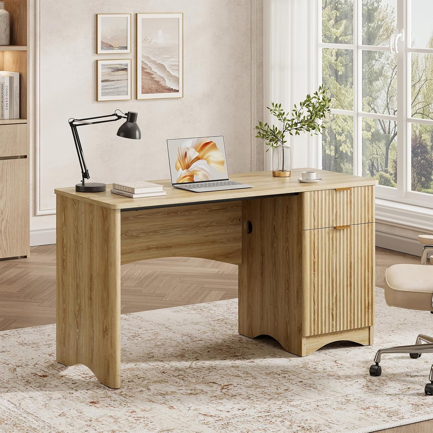 Bestier 47 inch Computer Desk with Drawer, Office Desk with File Cabinet, Modern Executive Desk Adjustable Shelves for Home Office Bedroom Study, Natual Oak