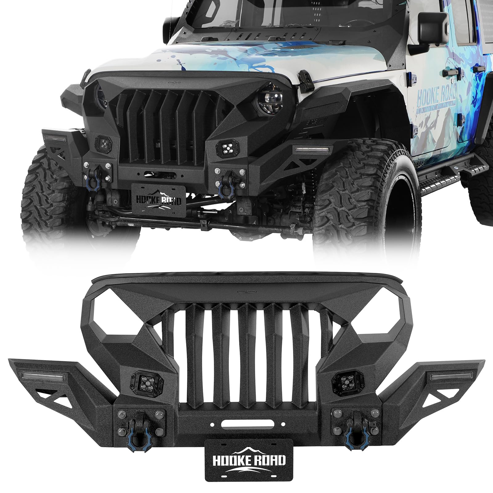 Hooke Road Gladiator Front Bumper Grille Guard for 2018-2025 Jeep Wrangler JL Gladiator JT, Aggressive Bumper Include Winch Plate, D-Rings, DRL Lights