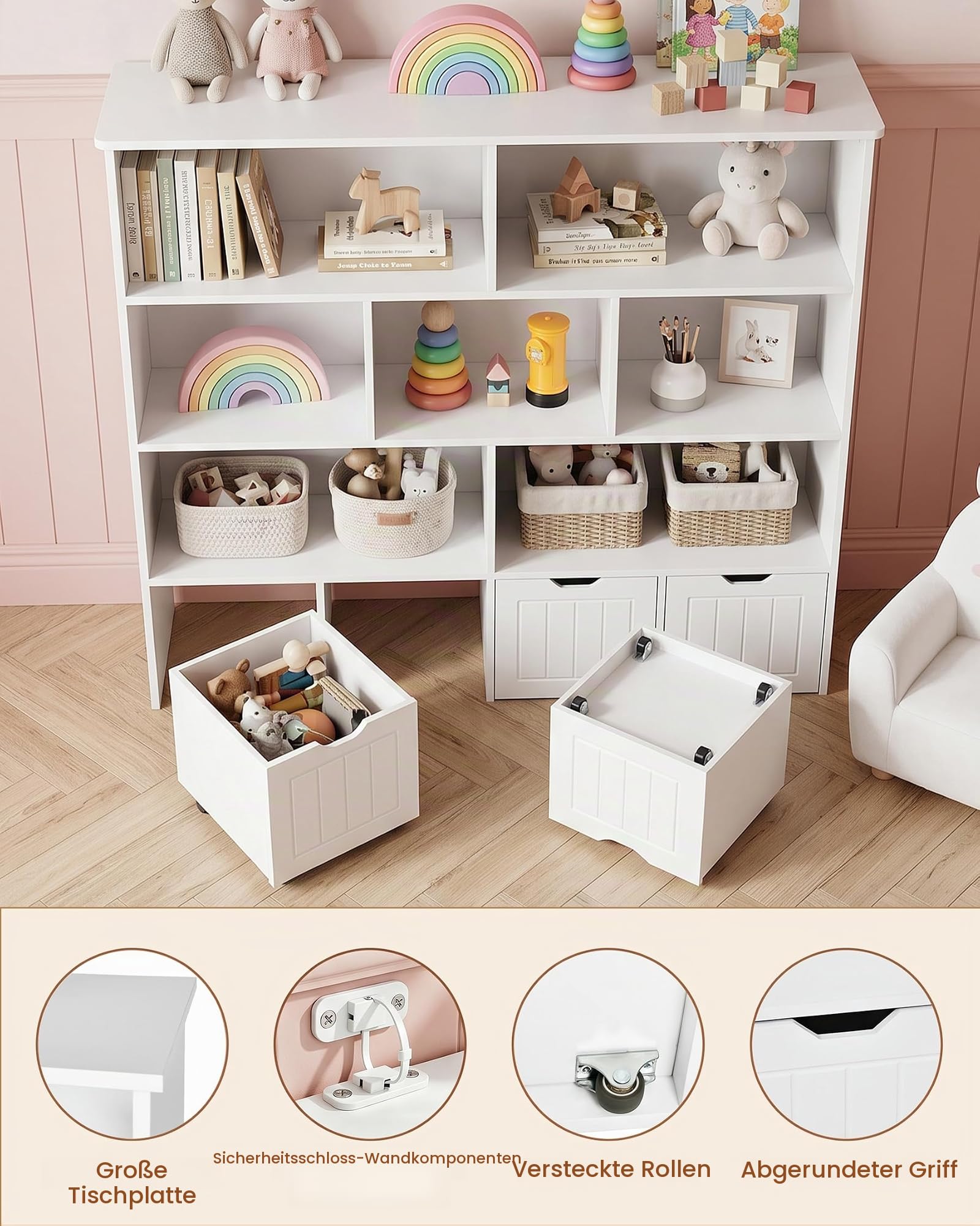 Kinderregal mit Boxen, Kinder Bücherregal, Aufbewahrungsbox Kinder, Kinderregal Spielzeugregal, Regal Kinderzimmer Aufbewahrung, Spielzeug Aufbewahrung Regal mit 7 offenen Bereichen