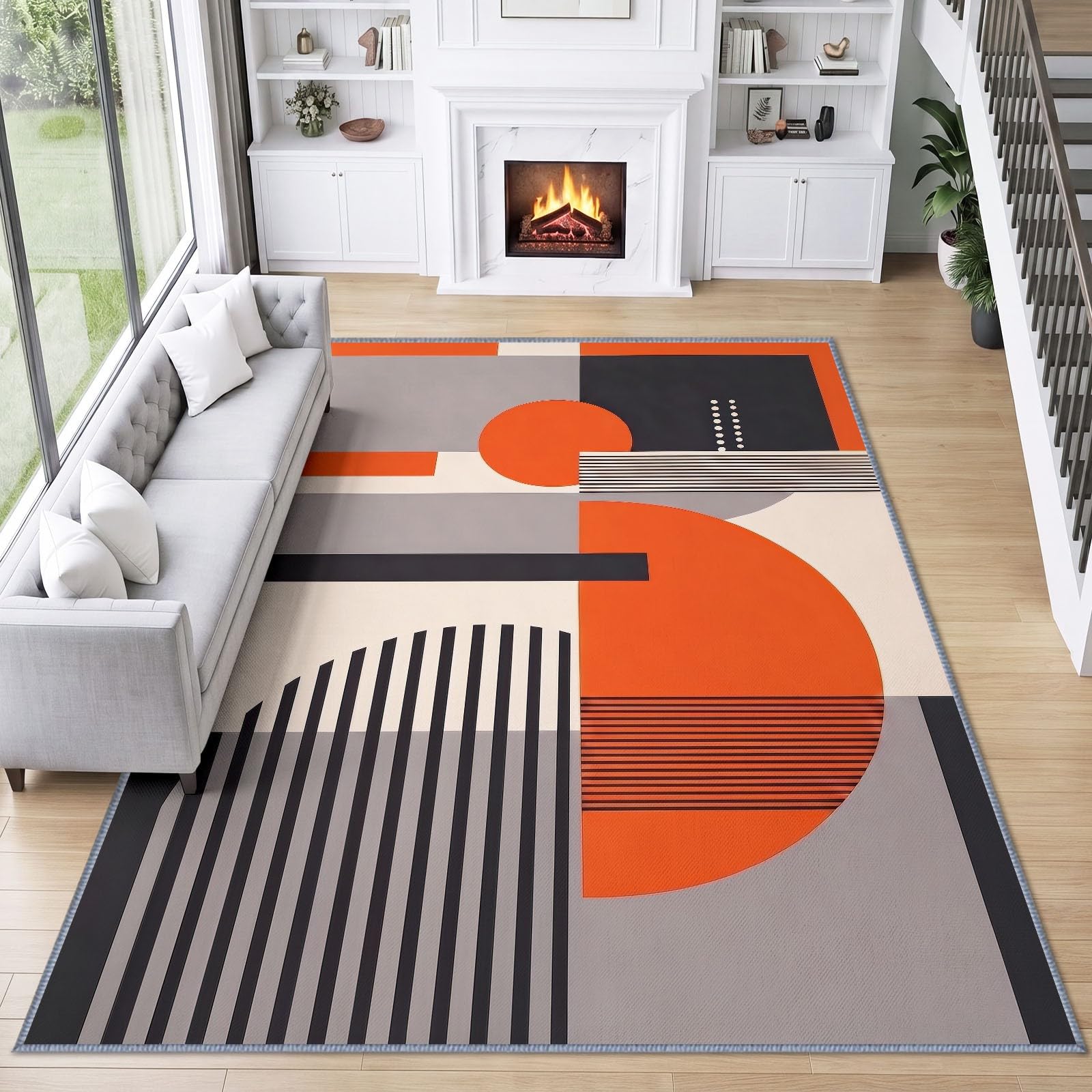 Tapis de Salon Lavable 80 x 150 cm Semi-Cercle Cercle Rayures, Tapis Antidérapant à Poils Ras Médiéval Géométrique pour Cuisine Bureau Salle à Manger - Moquette Décoration Intérieure Chambre d'enfant