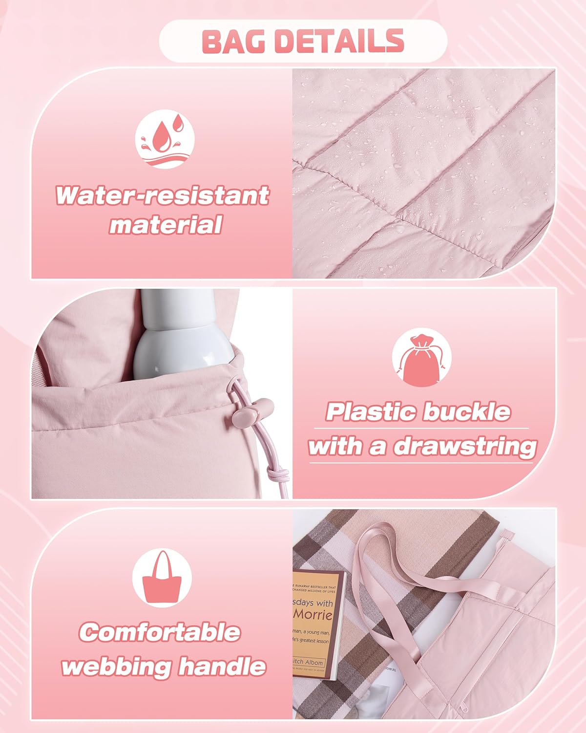 Puffer Tote Bag for Women, Lightweight Tote Bag for Work and School, Pink - Image 5