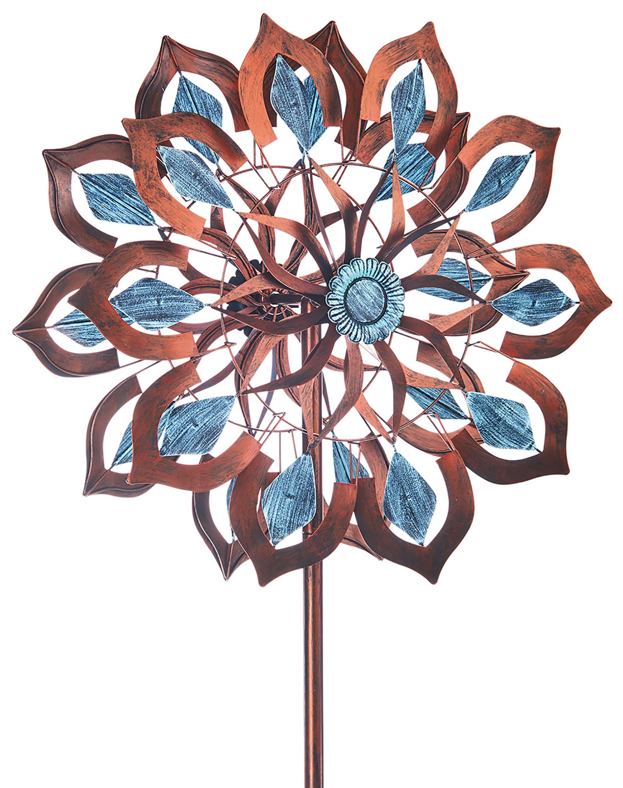 Kobolo Windrad Dekostecker Fiore | 61x23x213 cm | Metall | braun-blau | modernes Garten-Windspiel | XXL Metallwindrad für Gartendeko, Vorgarten & Outdoor-Dekoration | robuster Gartenstecker