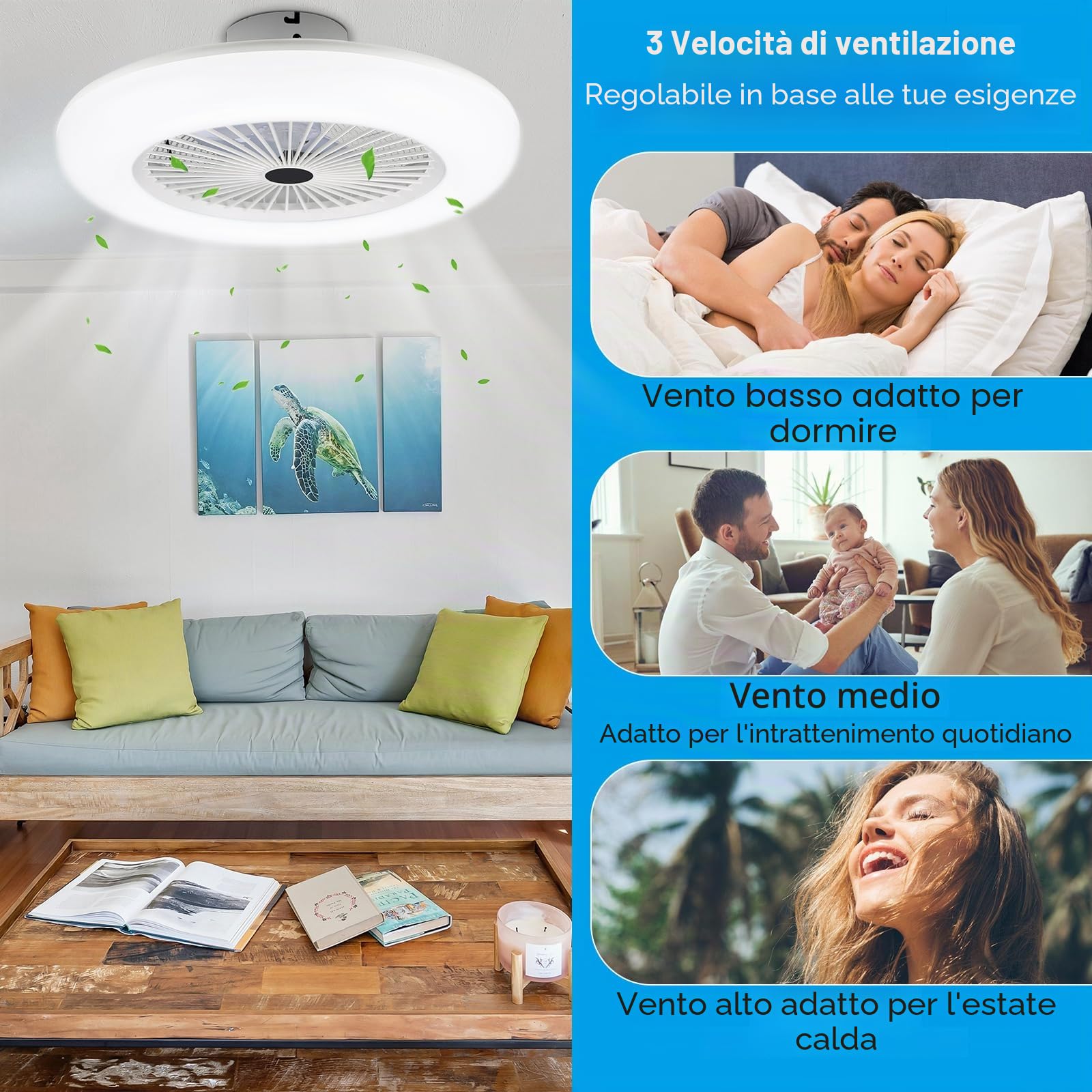 Daromigo Ventilatore da soffitto con illuminazione e telecomando, 80 W, velocità del vento regolabile, luce a LED, 3 temperature di colore, 3000 K-6500 K, timer per soggiorno, camera da letto
