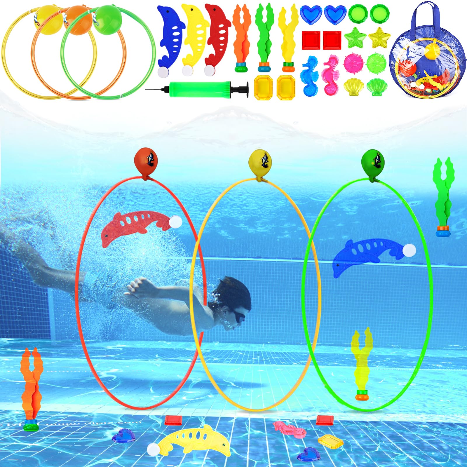 Juguetes de Buceo,27 Piezas Juegos Piscina Juegos de Agua para Niños, Anillos de Buceo,Juegos de Piscina para Niños,Juguete de Natación,Juegos Acuáticos,Juguetes de Piscina Buceo en Piscina