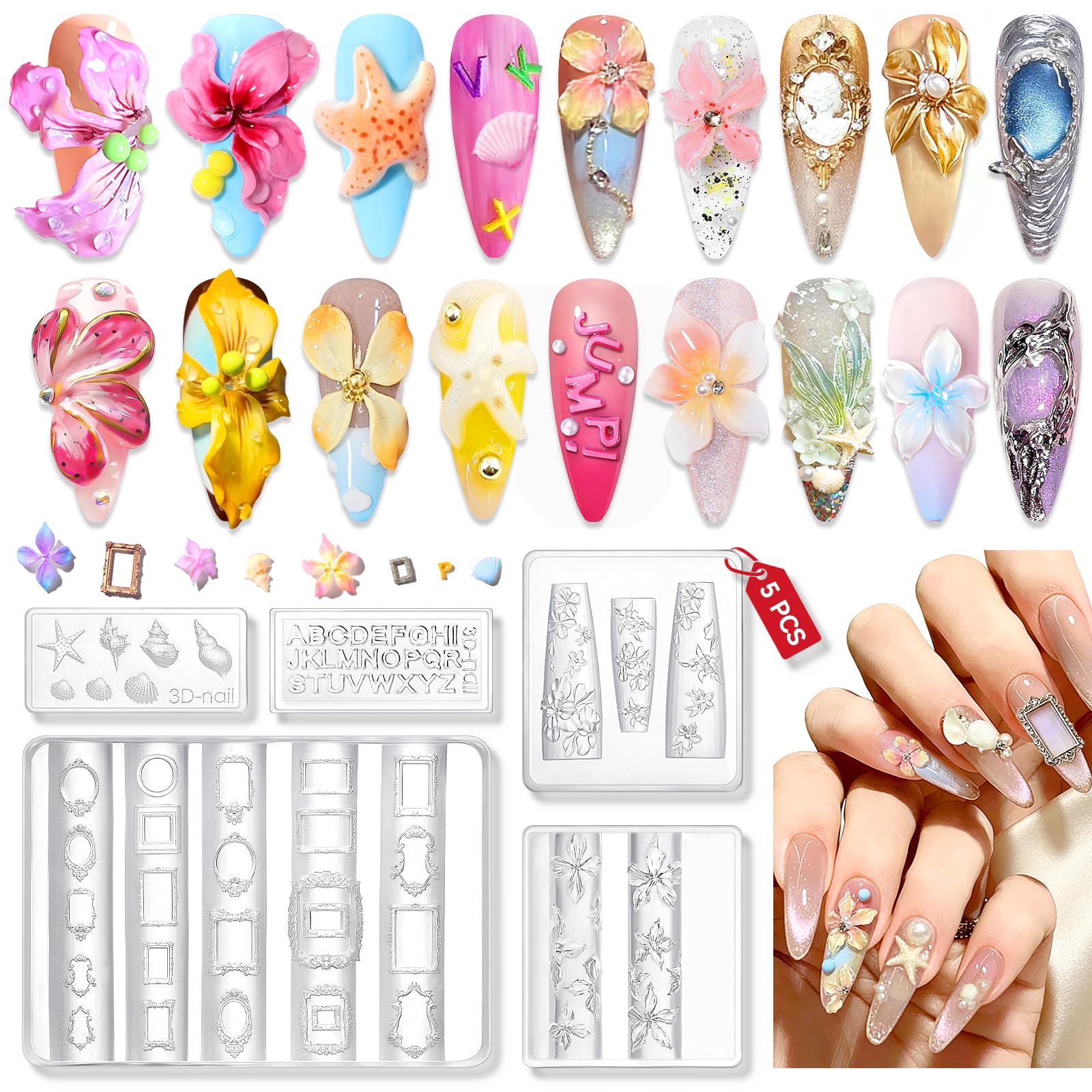 SAVILAND 4PCS Moules Silicone pour Nail Art 3D Fleurs Moules à Charmes d'ongles pochoirs de stamping pour ongles pour Manucure DIY