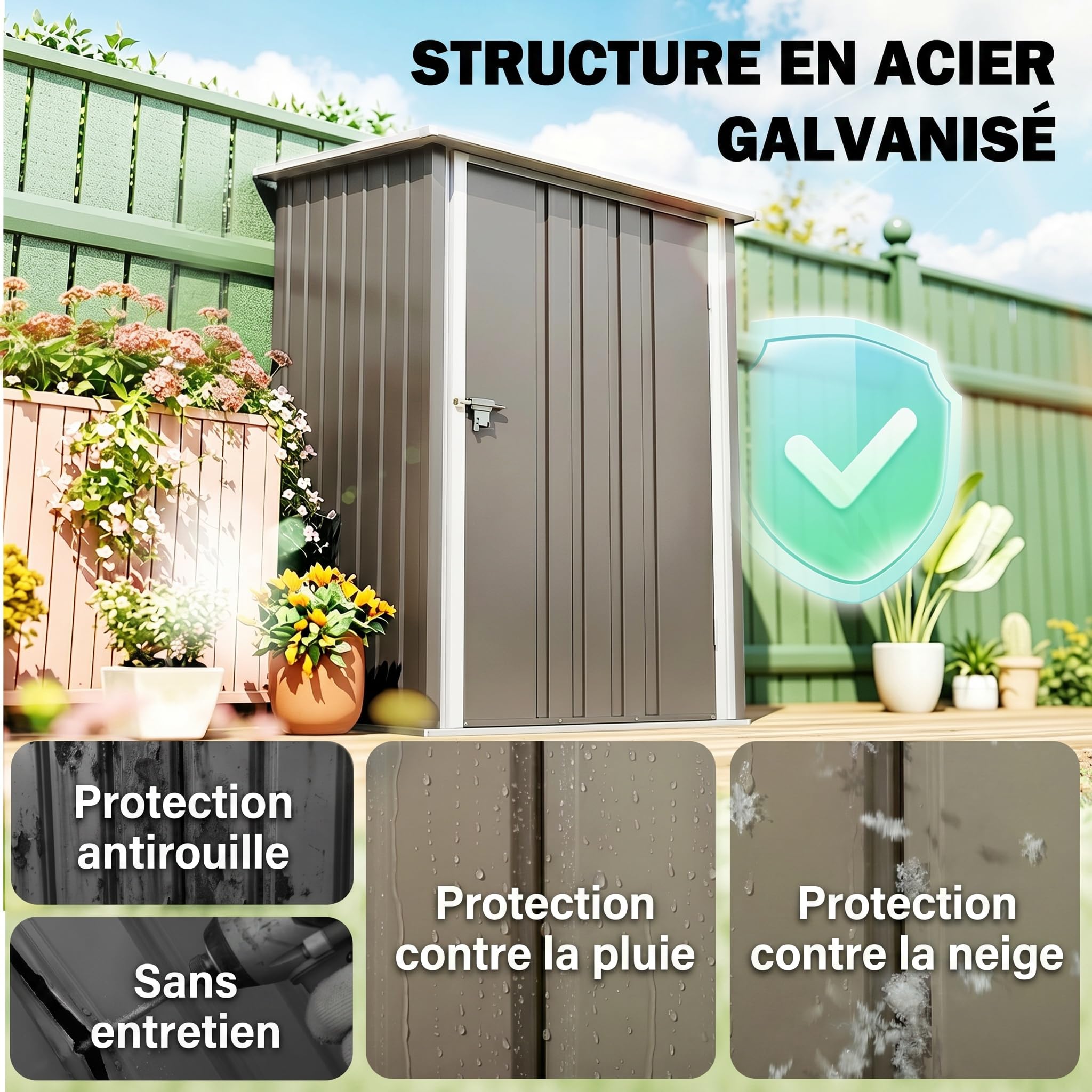 Outsunny Abri de Jardin 1m² - Remise pour Outils - cabanon Porte verrouillable - dim. 1L x 1,03l x 1,6H m - tôle d'acier ondulée Marron et Blanc