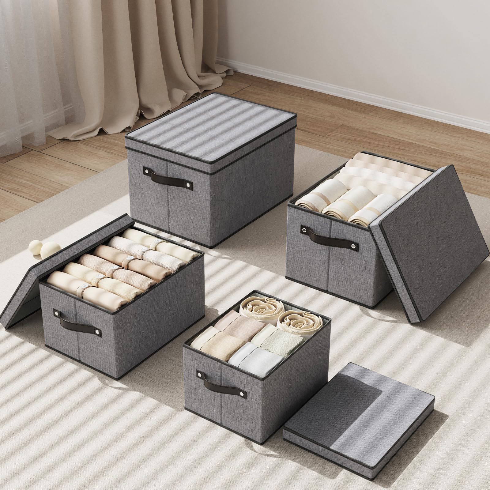 3 Piezas Cajas Almacenaje Ropa, Caja de Almacenamiento con Tapa, Cestas Organizadoras Plegable con Manija, para Toallas y otros Artículos, Gris, 33×23×18cm