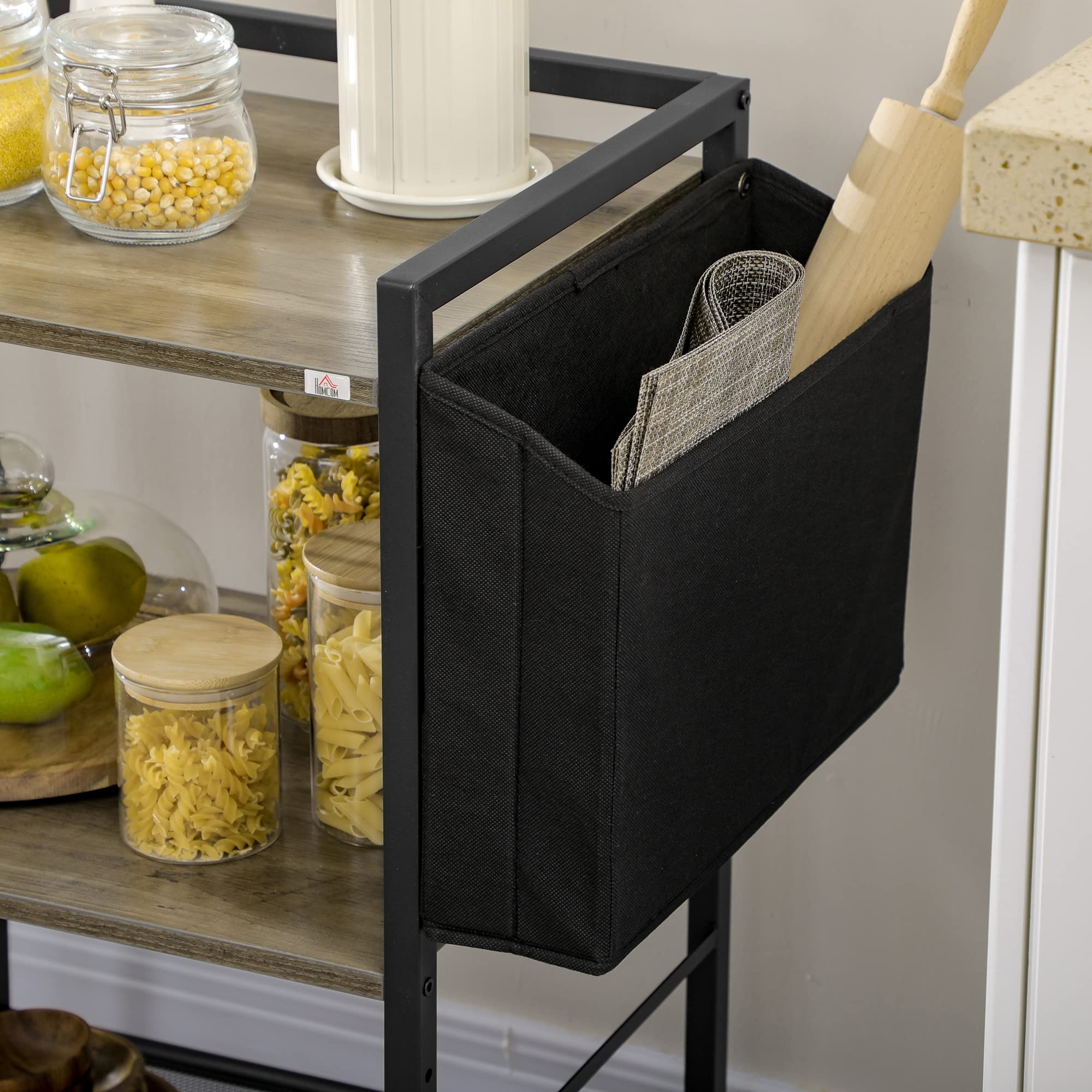 HOMCOM Carrito Auxiliar con Ruedas Carrito de Almacenamiento de 3 Niveles con Bolsa de Tela 2 Ganchos y Marco de Acero para Salón Cocina Comedor 66x40x80,5 cm Gris