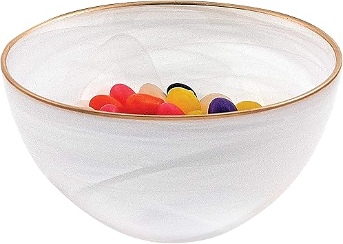World Gifts Elegant and Modern European Mouth Blown Crystal Serving or Centerpiece Bowl for Home Decor - White Alabaster Gold Rim Bowl, 6 Inches