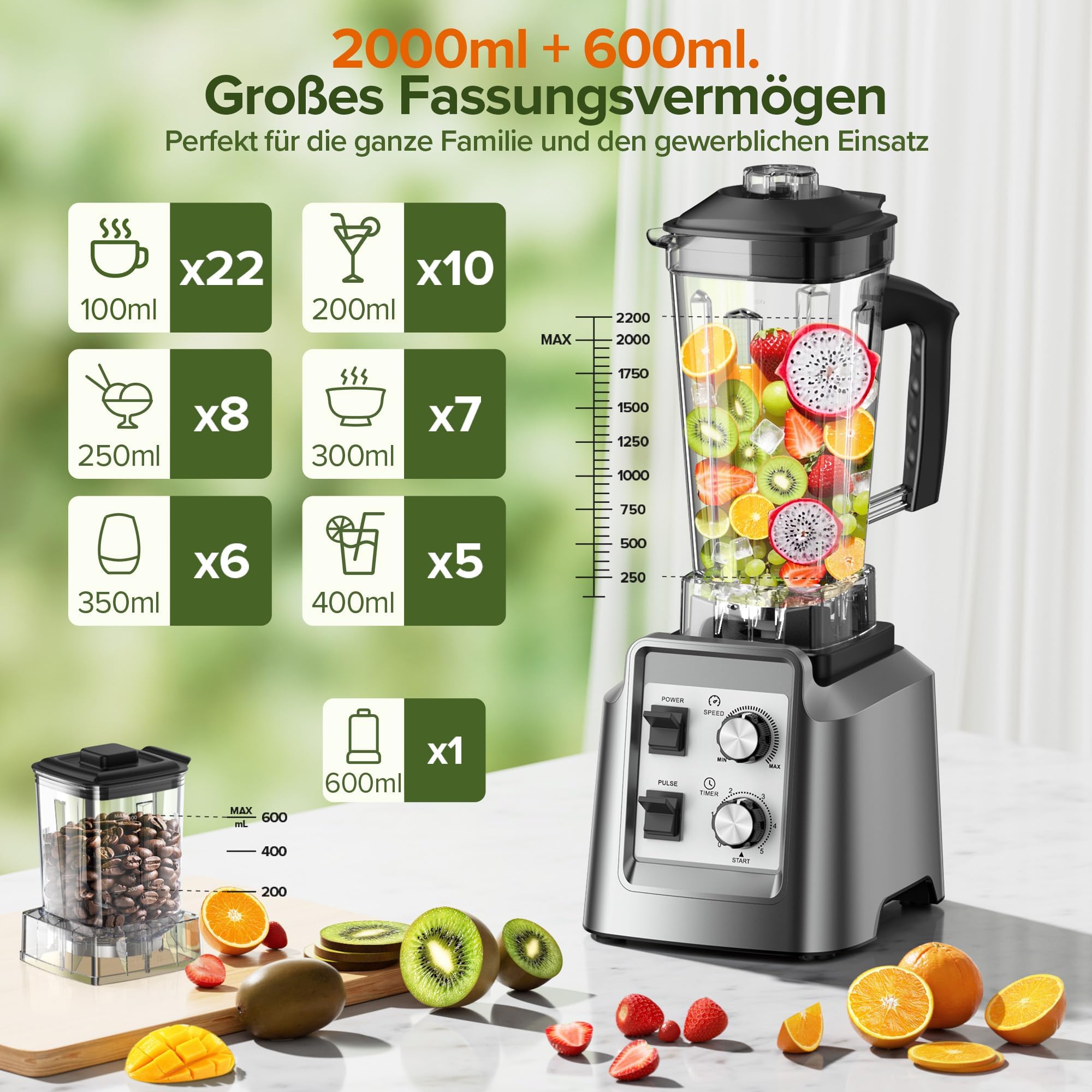 Teendow Standmixer, 1800W Smoothie Maker, Tischmixer mit 2,0-Liter-Behälter+ 600-ml-Kaffeemühle, Geeignet zum Zerkleinern von Eis und Gefrorenen Früchten, BPA-frei (Silber)