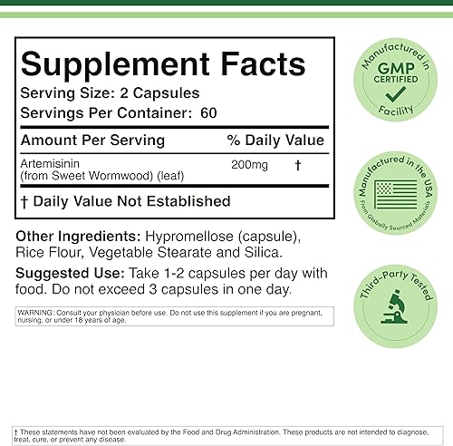 Artemisinina (limpieza de ajenjo dulce) (Artemisia Annua) 200 mg por porción, 120 cápsulas (suministro de dos meses) vegano, seguro, sin OMG, sin