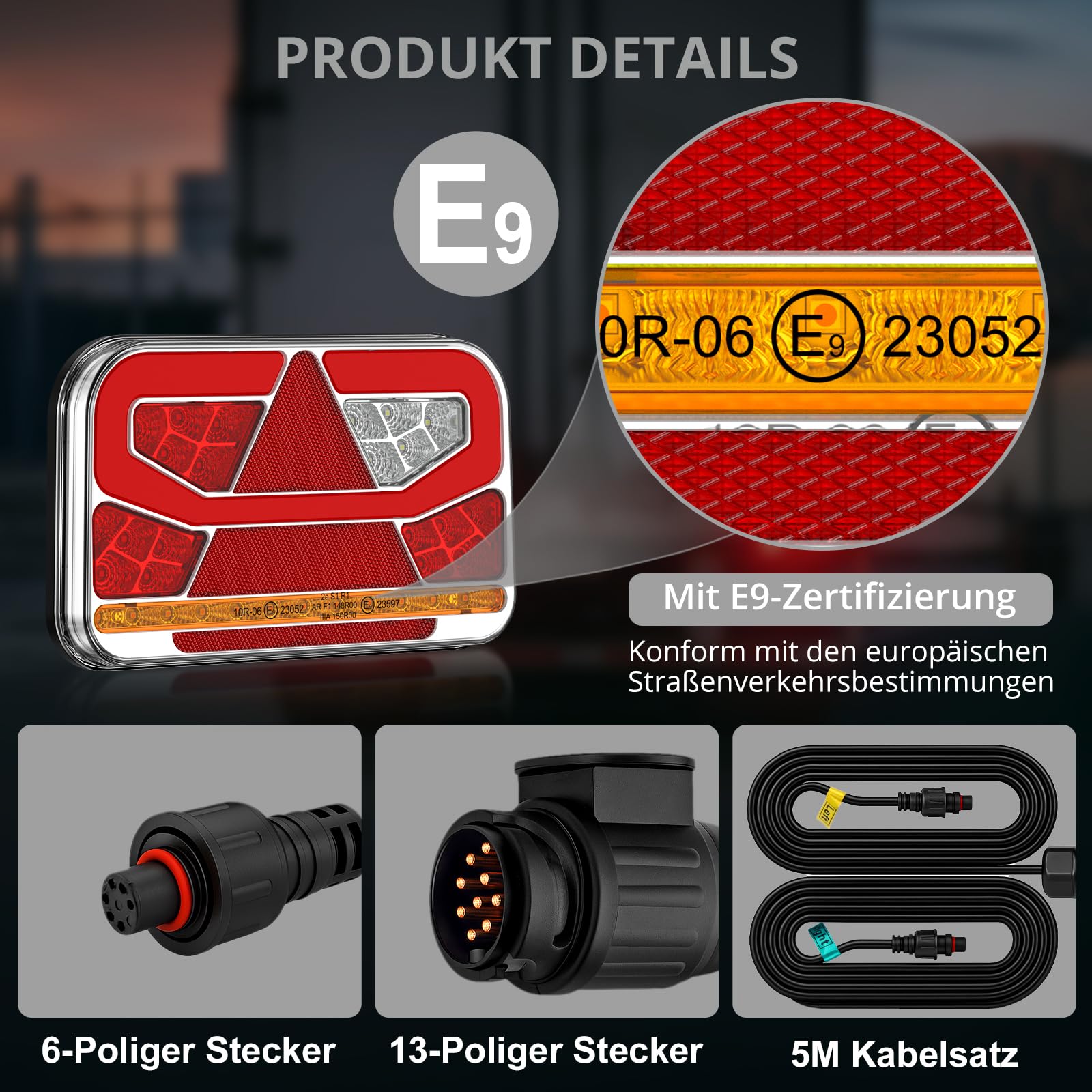 Justech Anhänger Rückleuchten 12V Universal Rückleuchten Set Anhänger Komplett Rücklicht 13 Polig Stecker Anhängerbeleuchtung mit 5m Kabel Rückfahrlicht mit E9 für Wohnwagen KFZ PKW | 13 Polig Anhängerbeleuchtung mit 5m Kabel Rückfahrlicht mit E9 für Wohn