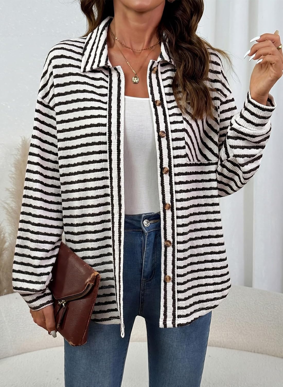Dokotoo Fall Jackets for Women Casual Oversized Long Sleeve Striped Shirts Collared Button Down Shacket Jacket