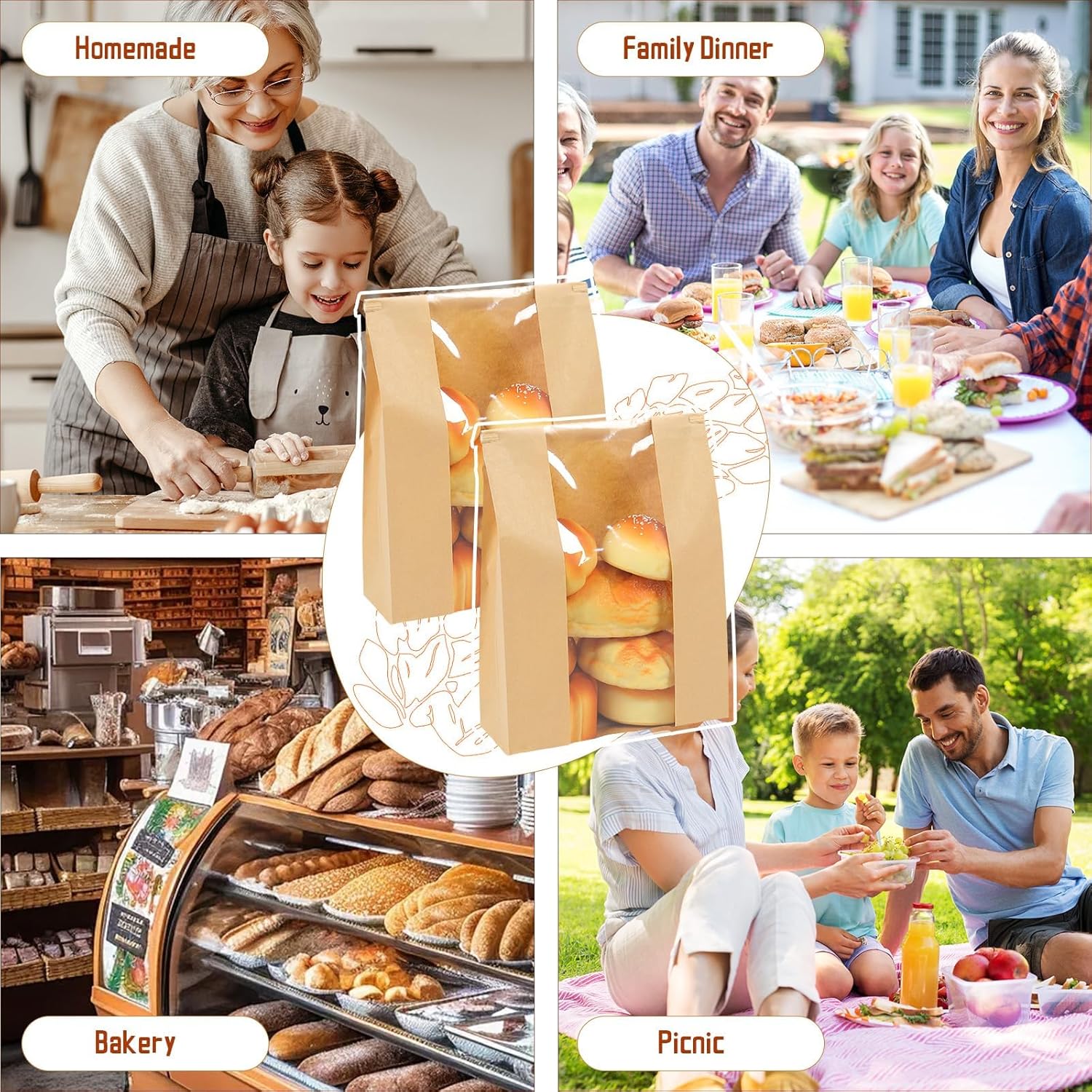 200 Pack Paper Bread Bags for Homemade, Sourdough Bread Bags with Clear Window Includes Tin Strip, Bakery Packaging Storage for Cookies Snack (13.7x8.2x3.5 inch)