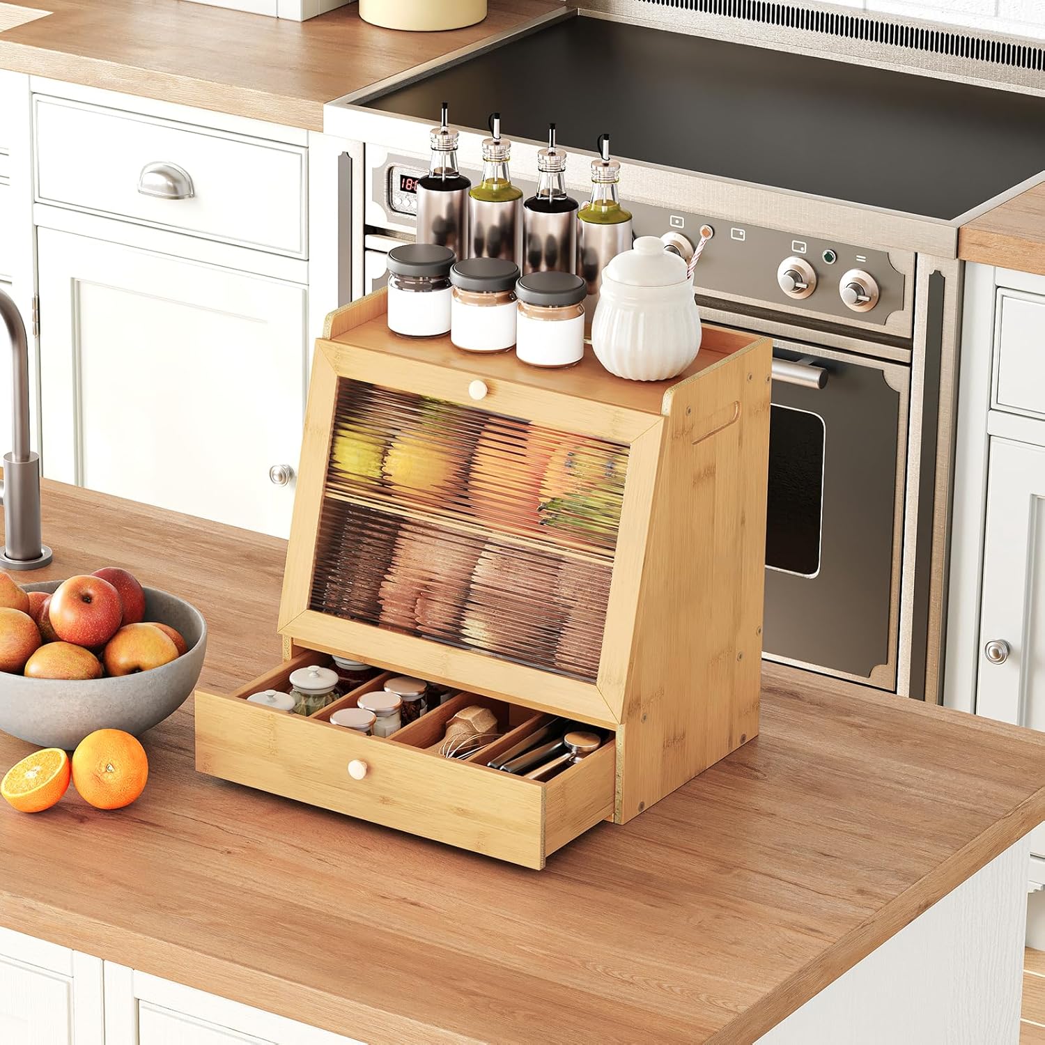 HOOBRO Bread Box and Bread Box Bundle, 2-Tier Kitchen Countertop Food Storage Box with Acrylic Door, Bamboo Food Storage Cabinet, for Kitchen, Dining Room, YL21MB01-YL20MB01