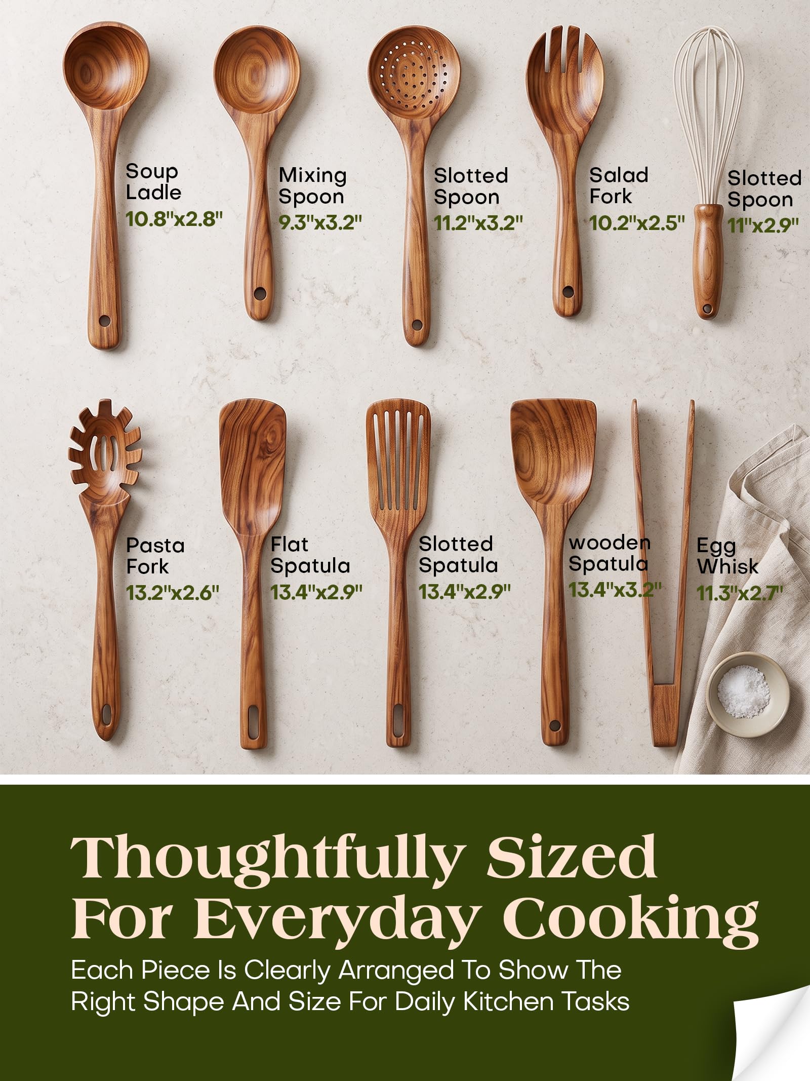 Utensilios de cocina de madera para cocinar, antiadherentes, de madera de teca natural, juego de utensilios de cocina, juego de utensilios de cocina de madera con espátula y cucharón (10)