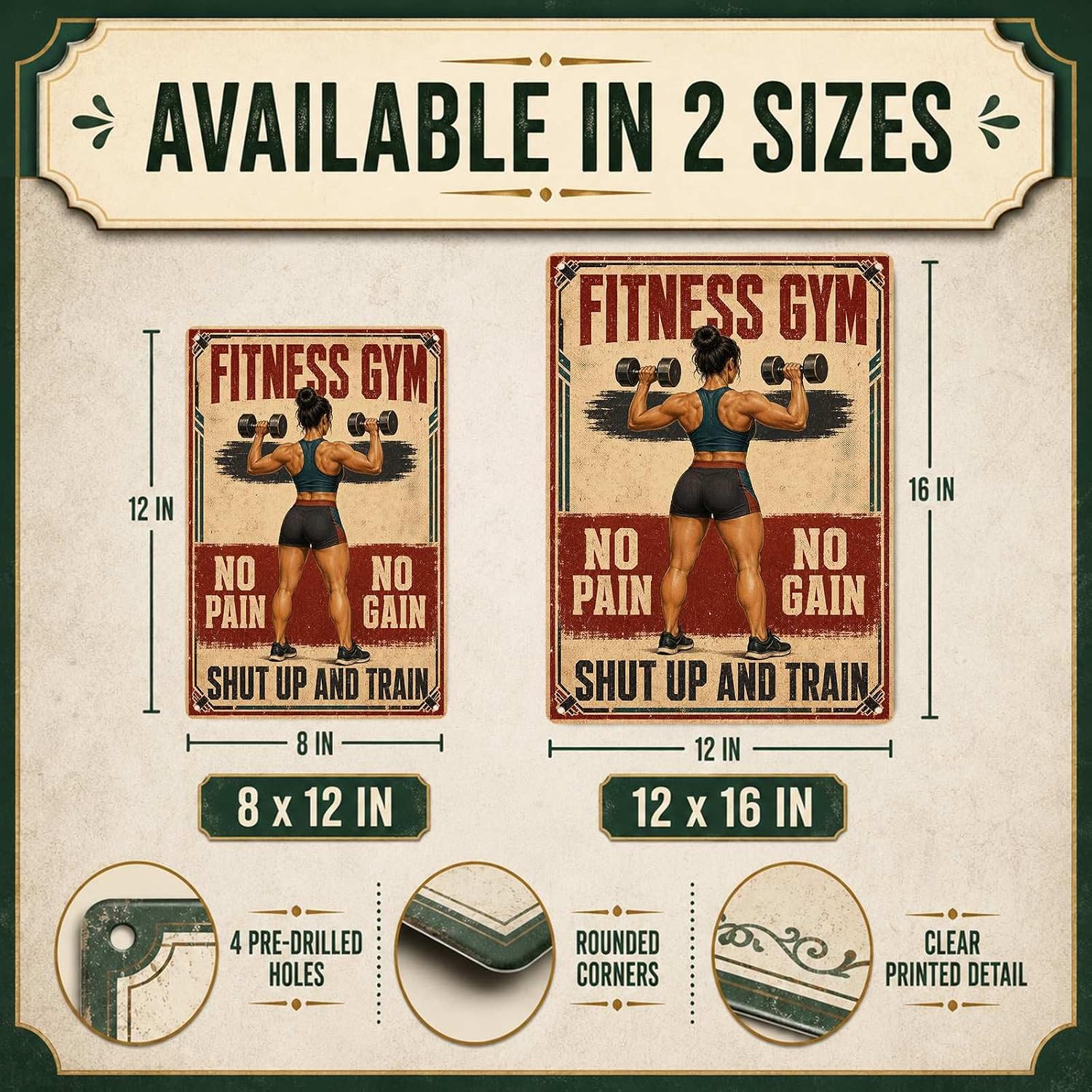 PEACHGARDEN Women’s Gym Metal Sign, Motivational Dumbbell Workout Wall Decor, Vintage No Pain No Gain Shut Up and Train Tin Sign for Home Gym and Fitness Room 8x12 Inch image 2