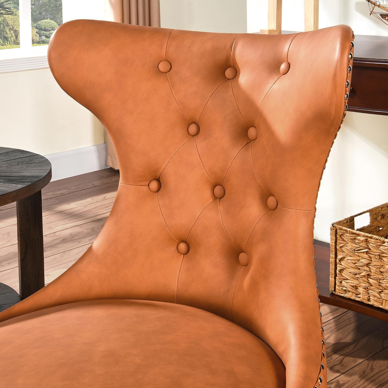 Upholstered Dining Chairs with Wingback Set of 2, PU Leather Accent Side Chairs with Button Design, Mid-Century School Chairs with Solid Wood Leg, for Living Room, Kitchen Orange CY-MJR-OR