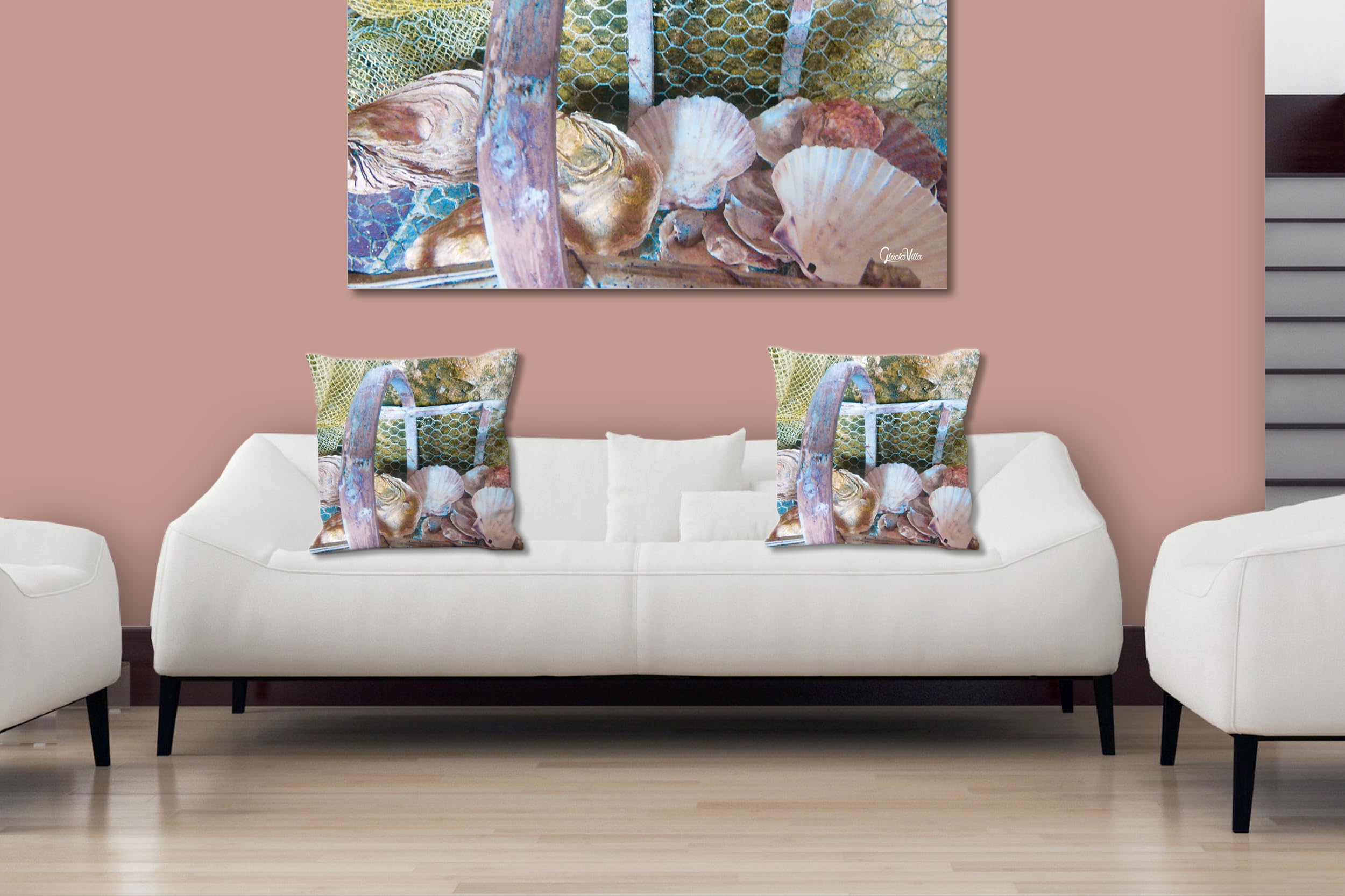 Muscheln - Foto-Kissen-Hülle Set (2 STK.) 40 x 40 cm | Kissen-Bezüge - passend zu Wandbild - Deko-Kissen - Meeresfrüchte Meer Austern