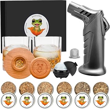 Cocktail Smoker Kit with 2 Rocks Glasses, 6 Wood Chip Flavors,Torch No Butane, Ice Mold