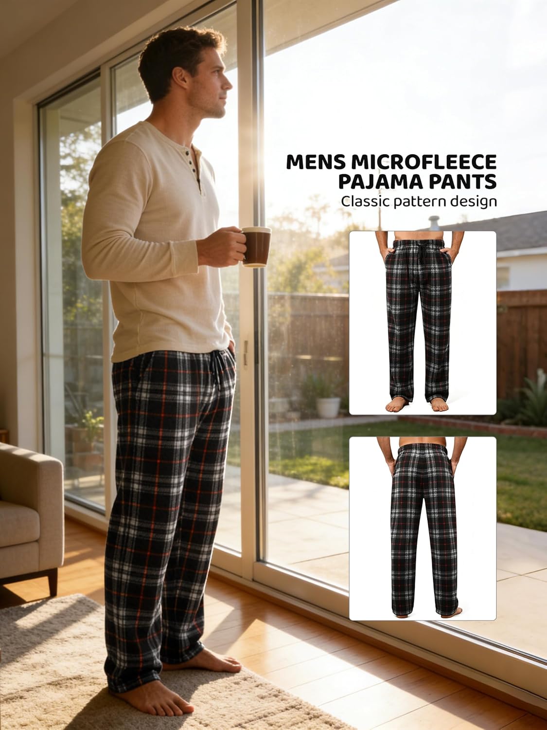 3 Pack Mens Pajama Pants Microfleece Plaid Pajama Bottoms Sleepwear PJ Sleep & Lounge Pants with Pockets & Drawstring - Image 4
