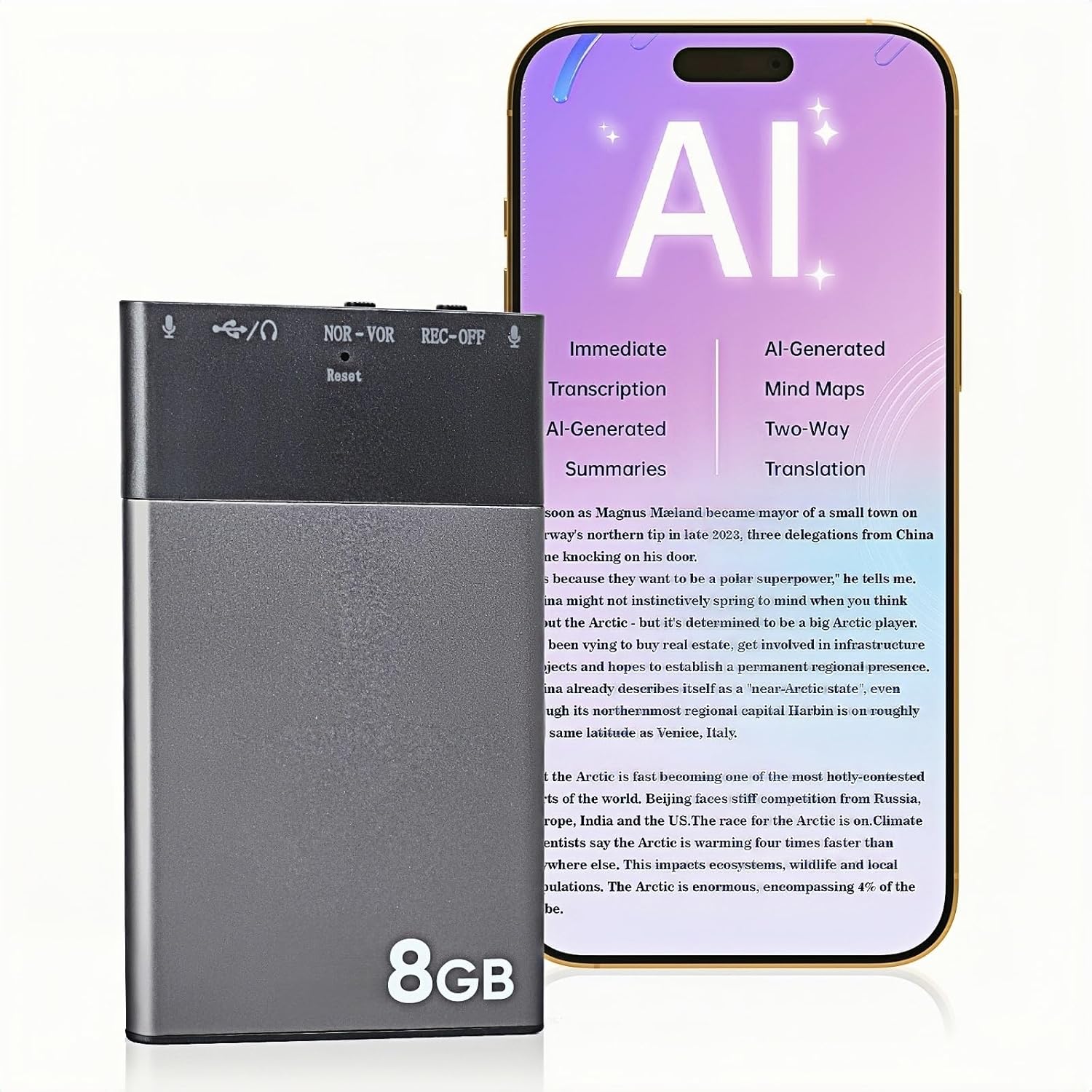 8GB AI Voice Recorder, Note Voice Recorder - Transcribe & Summarize, AI Noise Cancellation Technology, Supports 118 Languages, APP Control Audio Recorder for Lectures, Meetings, Calls