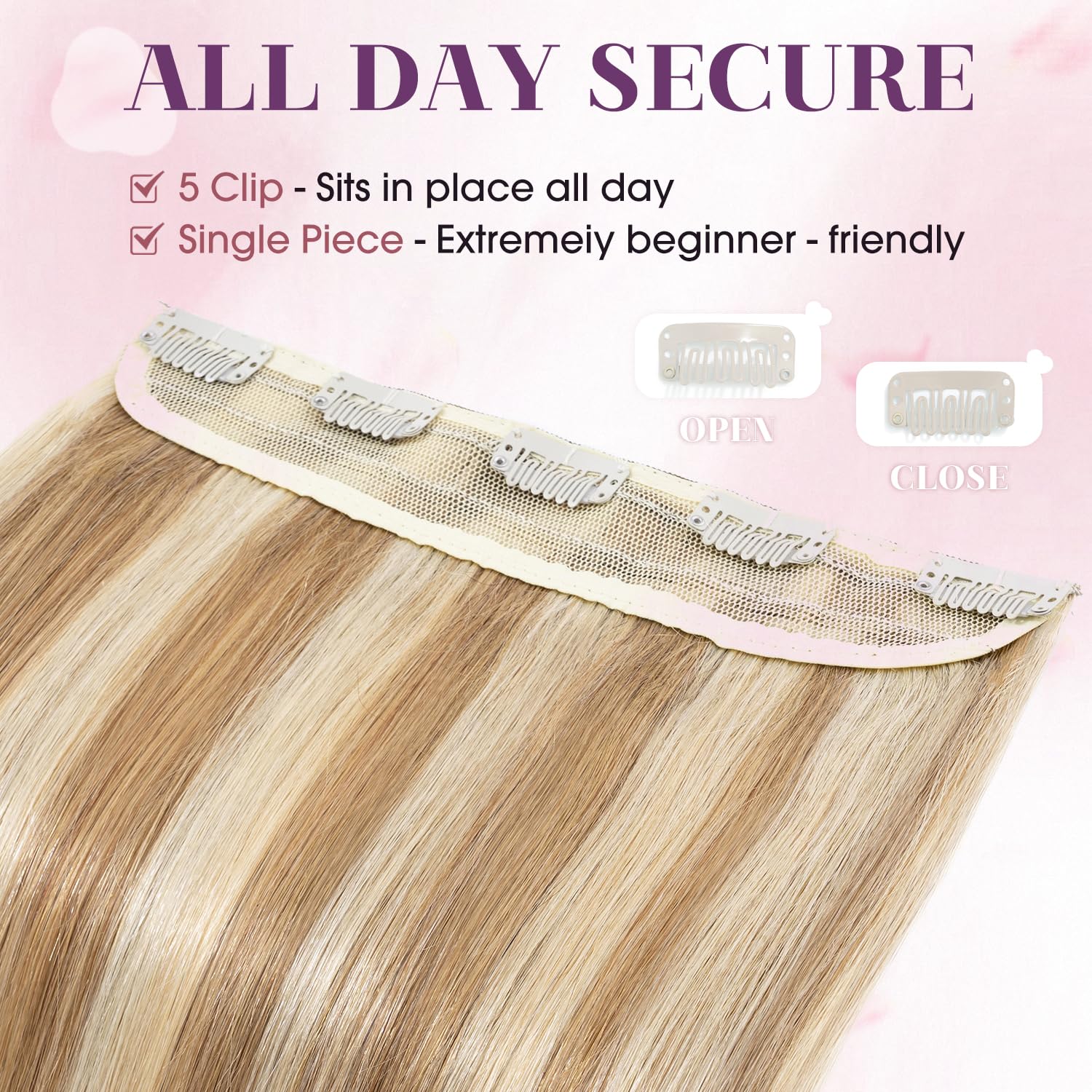 S-noilite One Piece Clip in Human Hair Extensions Balayage 5 Clips 3/4 Full Head Lighter One-Piece Design 16Inch 45g Golden Brown Mix Bleach Blonde