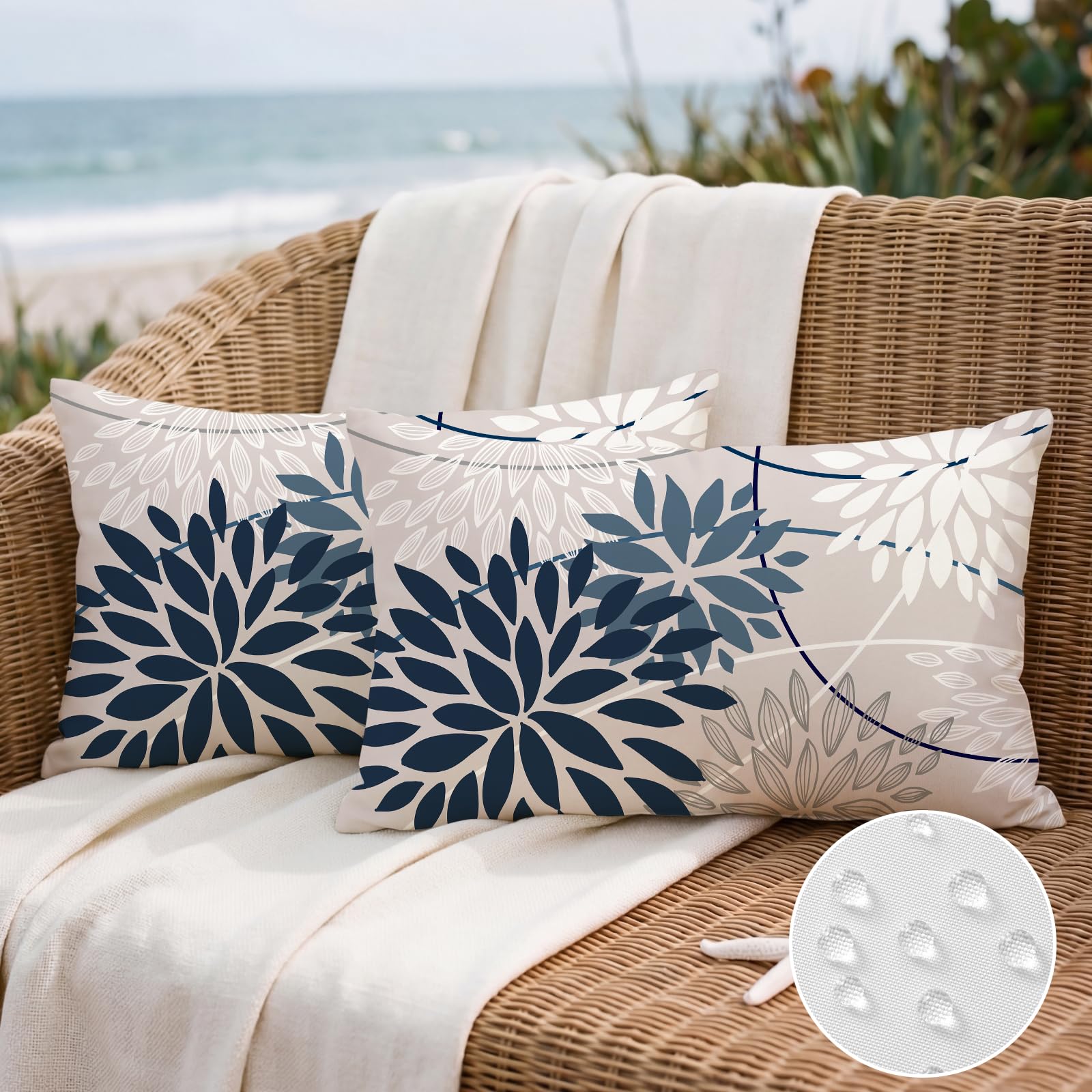 Artscope Outdoor Waterproof Dark Blue White Cushion Covers Geometric 40x60cm Set of 2 Dahlia Floral Pillowcases Outdoor Flowers Pillow Covers for Patio Garden Bench Sofa Farmhouse Decor โ image 1