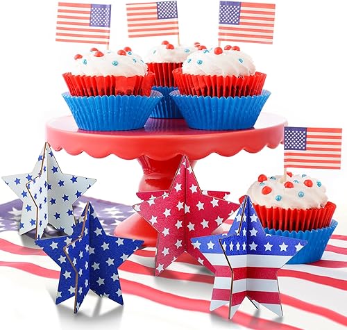 Miniatura 6 de Bucherry 4 juegos de centros de mesa patrióticos para el Día de los Caídos de madera, letreros de estrellas de madera, rojo, blanco, azul, 4 de