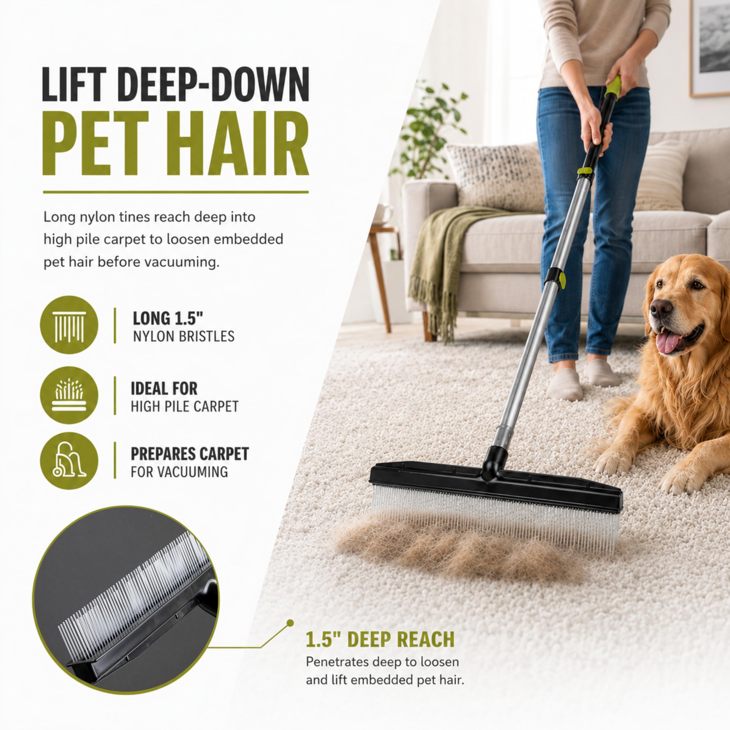 Râteau à Tapis et toiletteur avec poignée télescopique réglable de 137 cm, Design Portable, Brosse à Moquette, idéale pour Les Poils d'animaux, Les Tapis à Poils Longs, Les Tapis et Le Gazon