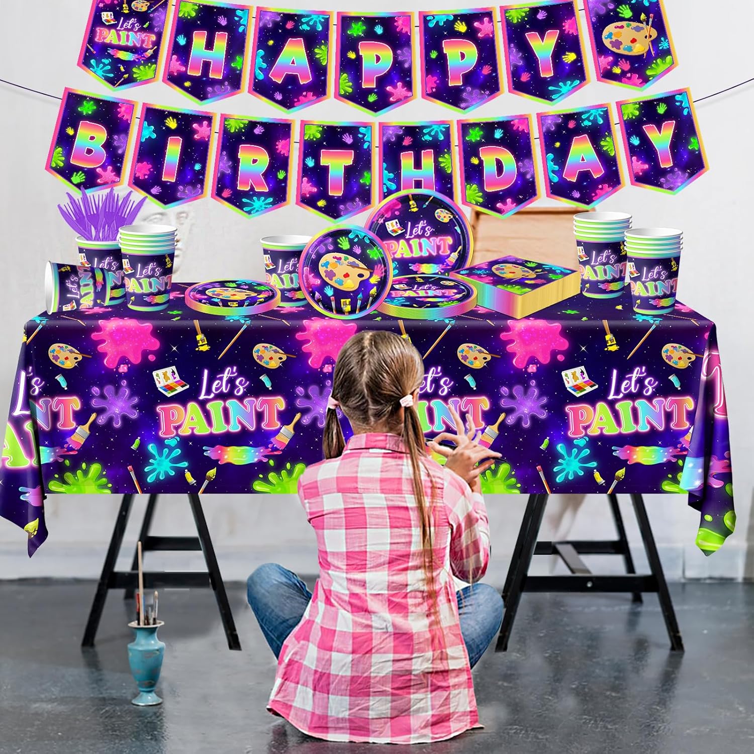 Art Painting Party Supplies,142pcs Paint Splatter Party Tableware Neon Glow Decorations Set Art Party Dessert Plates Paint Splatter Napkins Let’s Paint Tablecloth for Kids Sip and Paint Party Supplies
