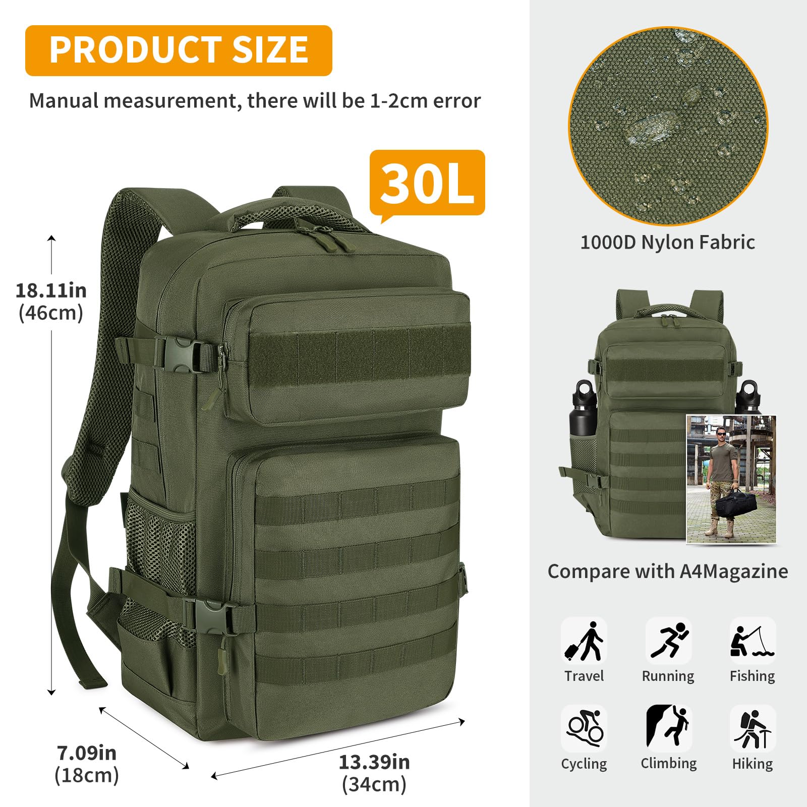 HUNTVP Sac a Dos Militaire, 30L Sacs à Dos de Randonnée Molle Tactique Sac D'assaut Armée pour Trekking, Voyage, Trekking, Camping, Escalade, En Plein Air (30L-Vert)