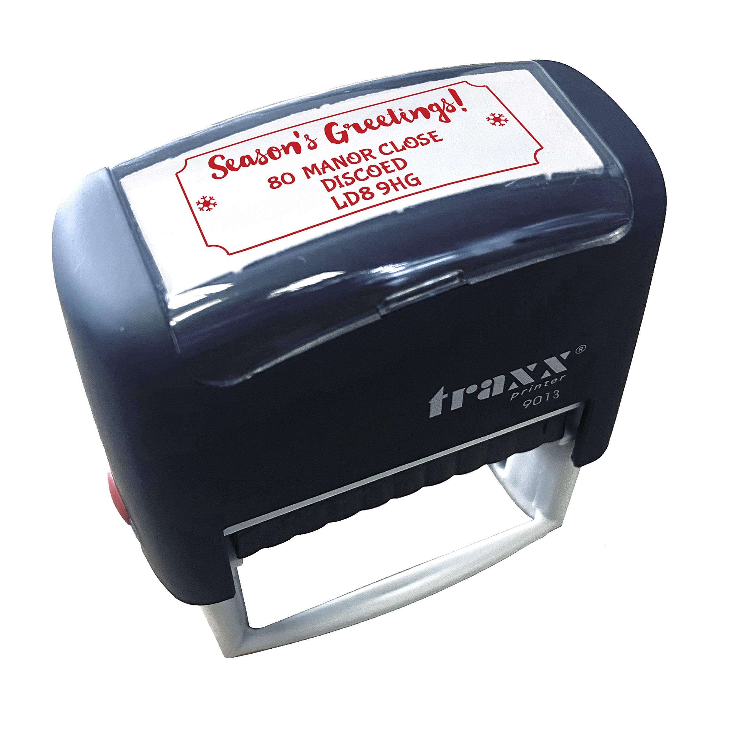 Traxx 9013 Personalised Christmas Self Inking Rubber Stamp - Seasons Greetings with 3 Lines of Customised Text in Red Ink