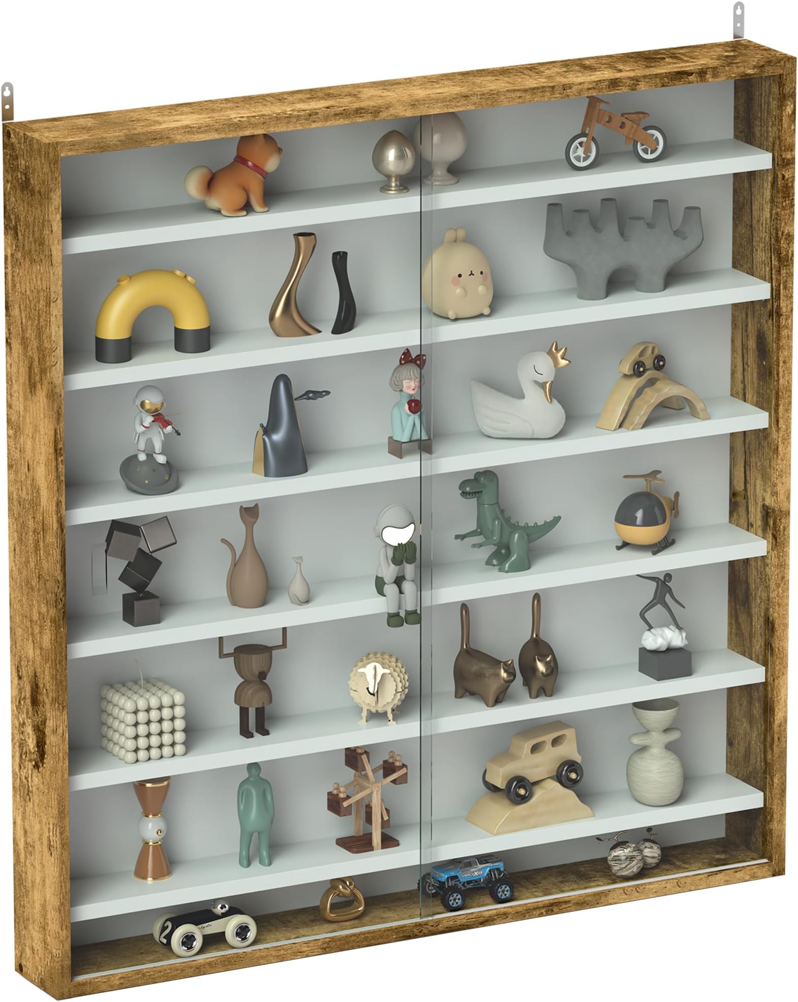7-Tier Wall Mounted Display Cabinet, Display Case with 6 Adjustable Shelves, Glass Doors for Home Office Ornaments 83x80cm, Rustic Brown