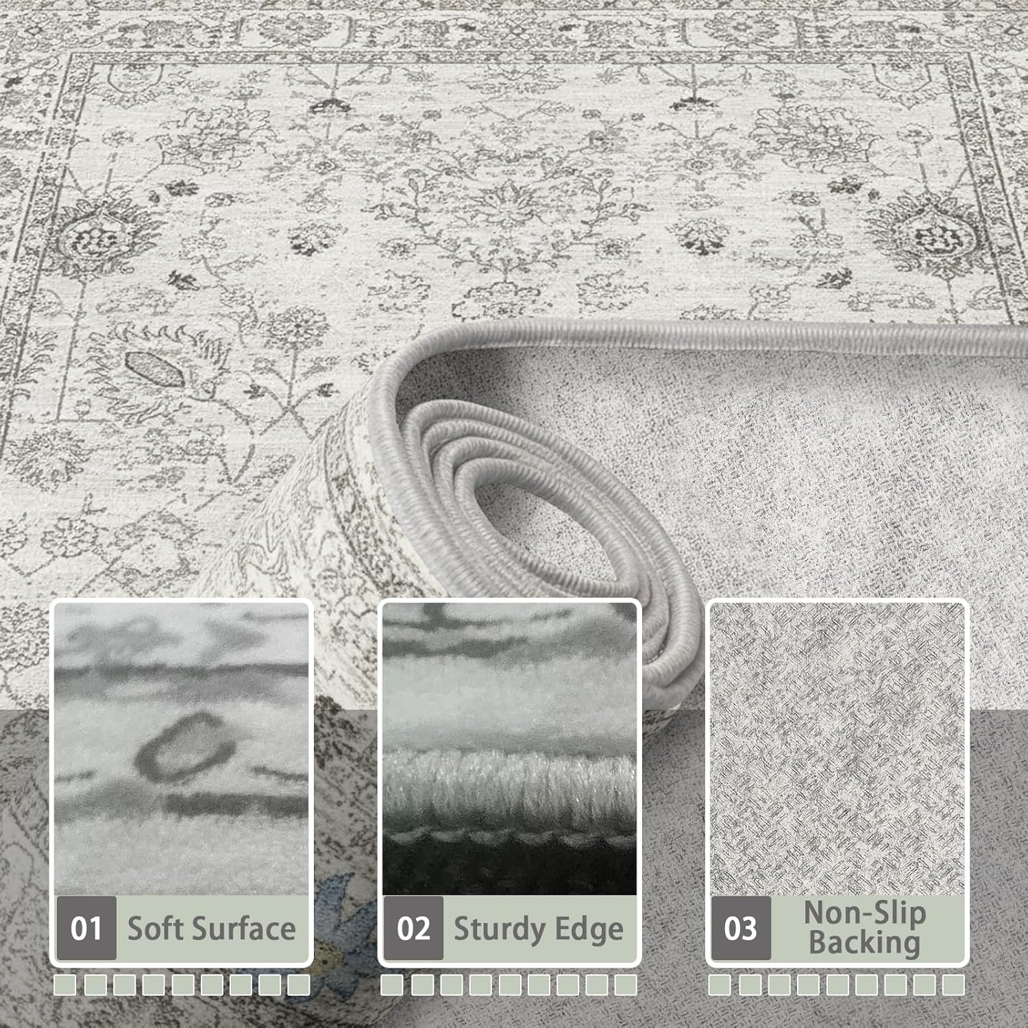 Washable Area Rug 8x10 Gray, Large Soft Rugs for Living Room Floral Grey White Carpet 8x10 Area Rugs for Bedroom Dining Room Non-Slip Stain Resistant Under Table Rug (8 x 10, Grey White)