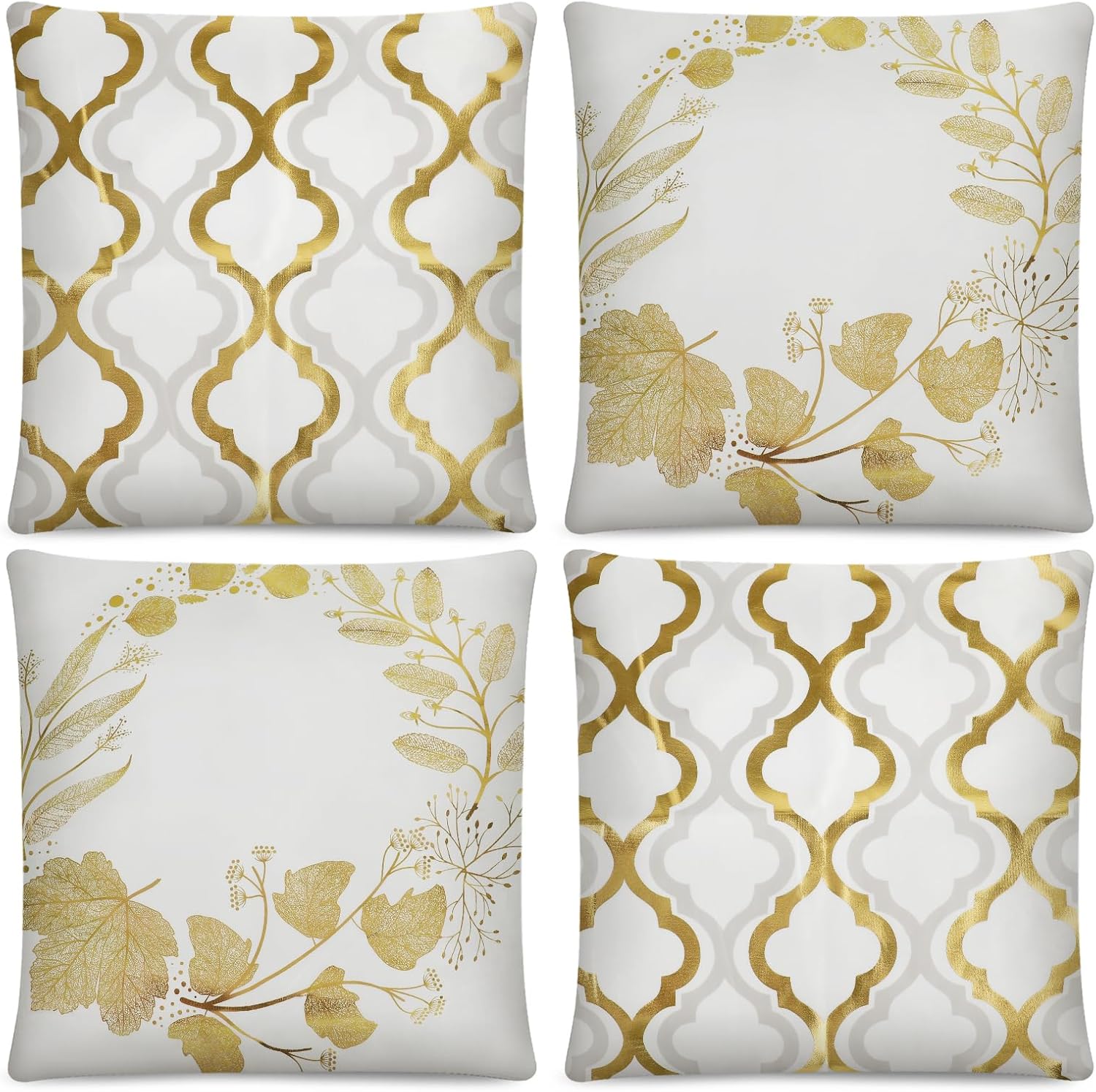 Set of 4 White and Gold Foil Geometric Throw Pillow Covers 18x18 Inches,Short Plush Fabric Cushion Cases with Minimalist Floral and Leaf Design for Couch Sofa Bed and Modern Home Decor