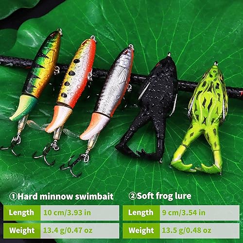 Miniatura 10 de Topwater - Kit de señuelo de pesca para lubina, cola de hélice de arrastre más grande, cebo de rana de plástico suave, ojos 3D, patrón de cuerpo