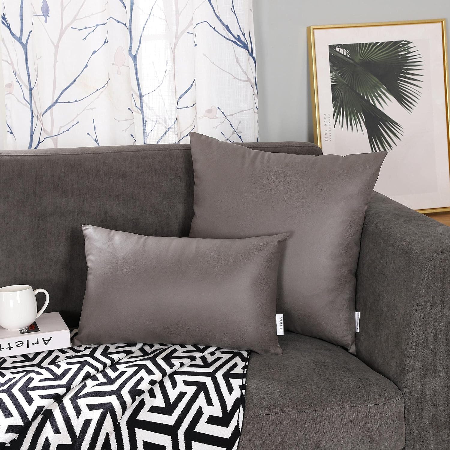EECCA New Faux Leather Lumbar Throw Pillow Cover Luxury Modern Square Throw Pillow Cover Decorative Pillow for Bedroom Living Room Cushion Cases Bed Sofa,Drak Grey,18x18 Inches