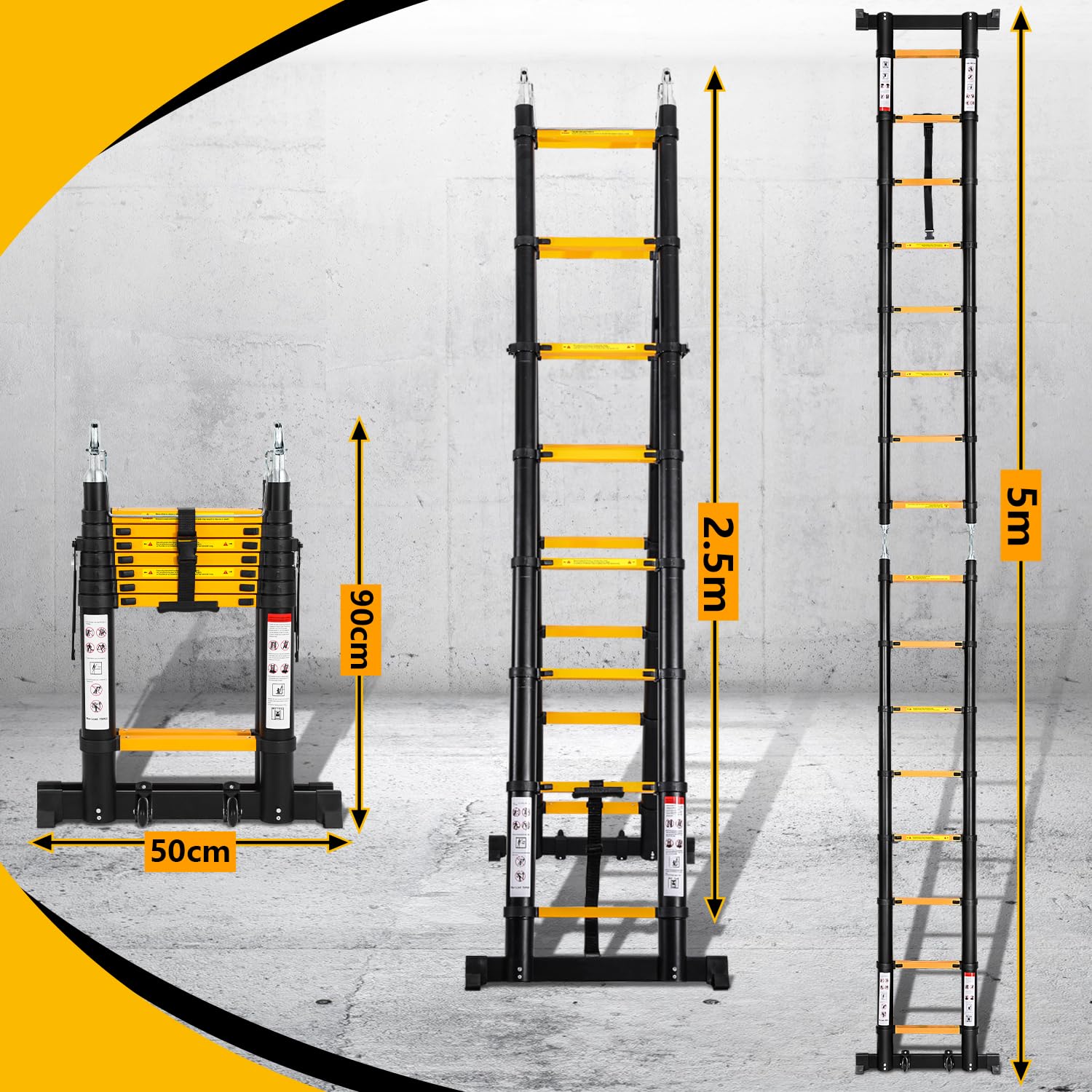 Eulenke teleskopleiter klappleiter 2,5M+2,5M Aluleiter 8+8 Stufen Stehleiter Klappleiter, 150 kg Belastbarkeit, Teleskop Ausziehleiter Haushaltsleiter, Leiter ausziehbar Schwarz Gelb