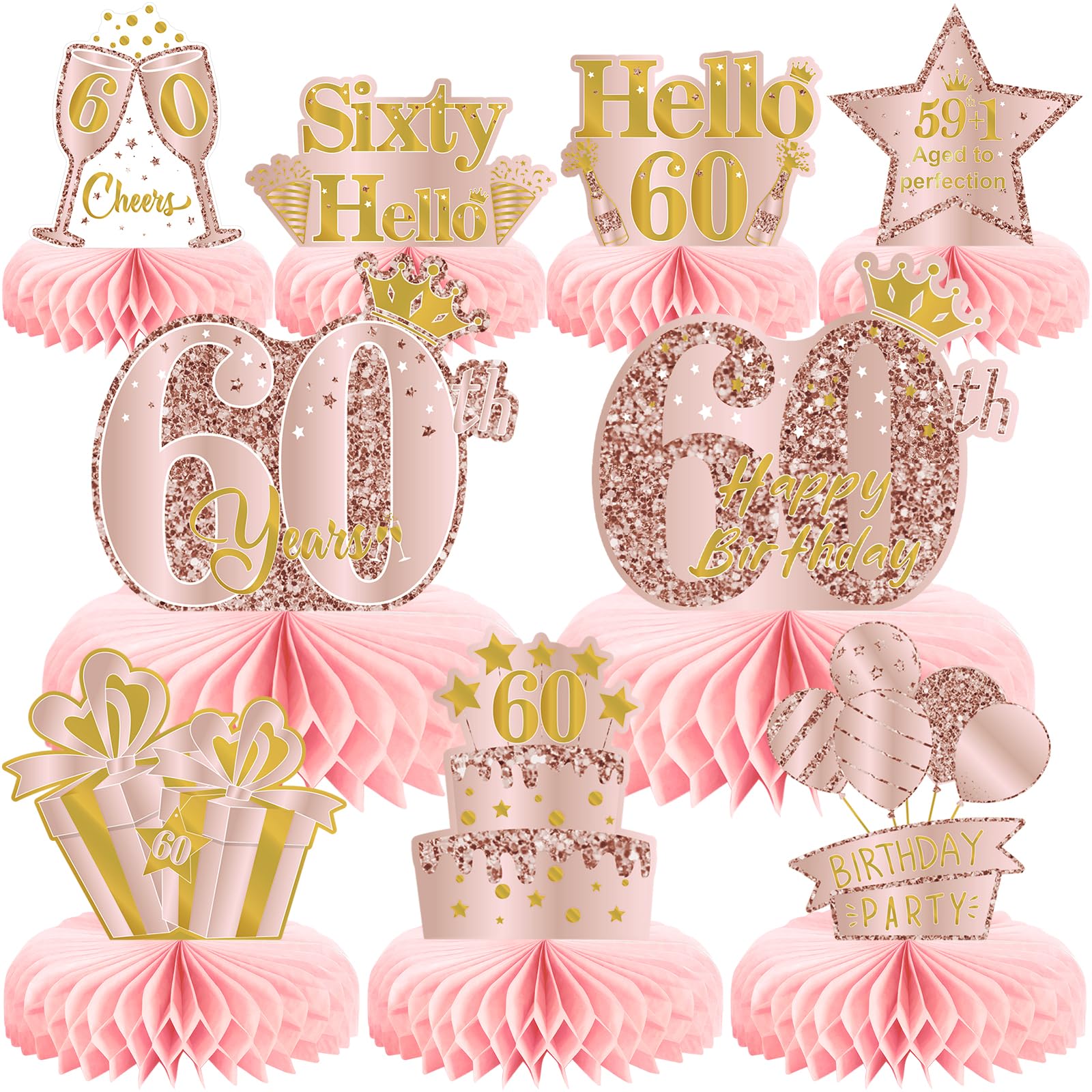 Noper 9Pcs 60th Birthday Decorations Pink Rose Gold Honeycomb Centerpieces for Girls,Happy 60th Birthday Table Centerpieces Party Supplies,Sixty Year Old Birthday Table Decor