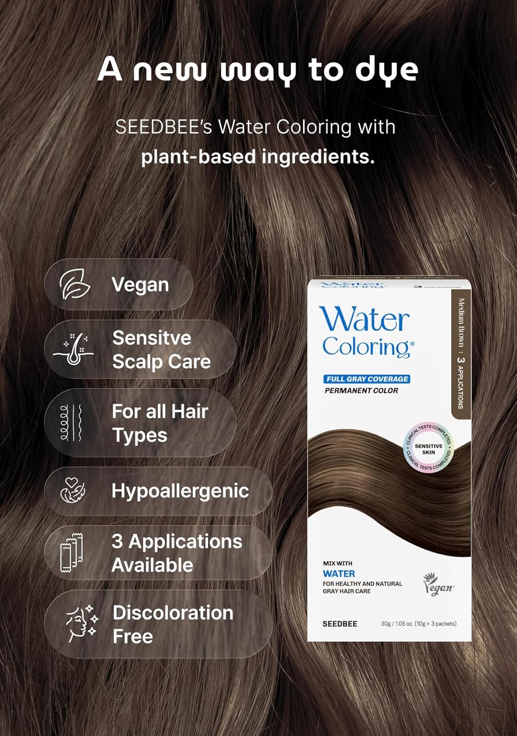 Korean Permanent Hair Dye, Powder Hair Color Kit, Medium Brown, Gray Hair Coverage, Plant-Based Formula, Easy Application for Roots, Short & Long Hair, Vegan, Just Mix with Water (3 Powder Packets) - Image 2