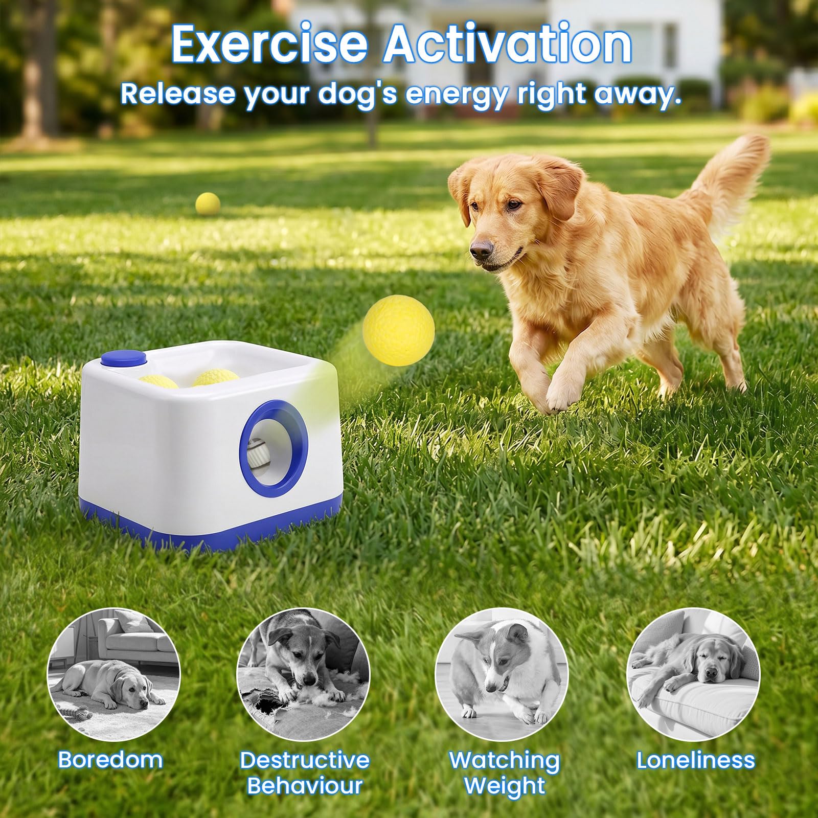 jianyana Lanciatore automatico di palline per cani, giocattolo interattivo automatico e manuale, doppia modalità, 4 distanze regolabili con 4 palline in ETPU, anti-inceppamento, per casa, giardino