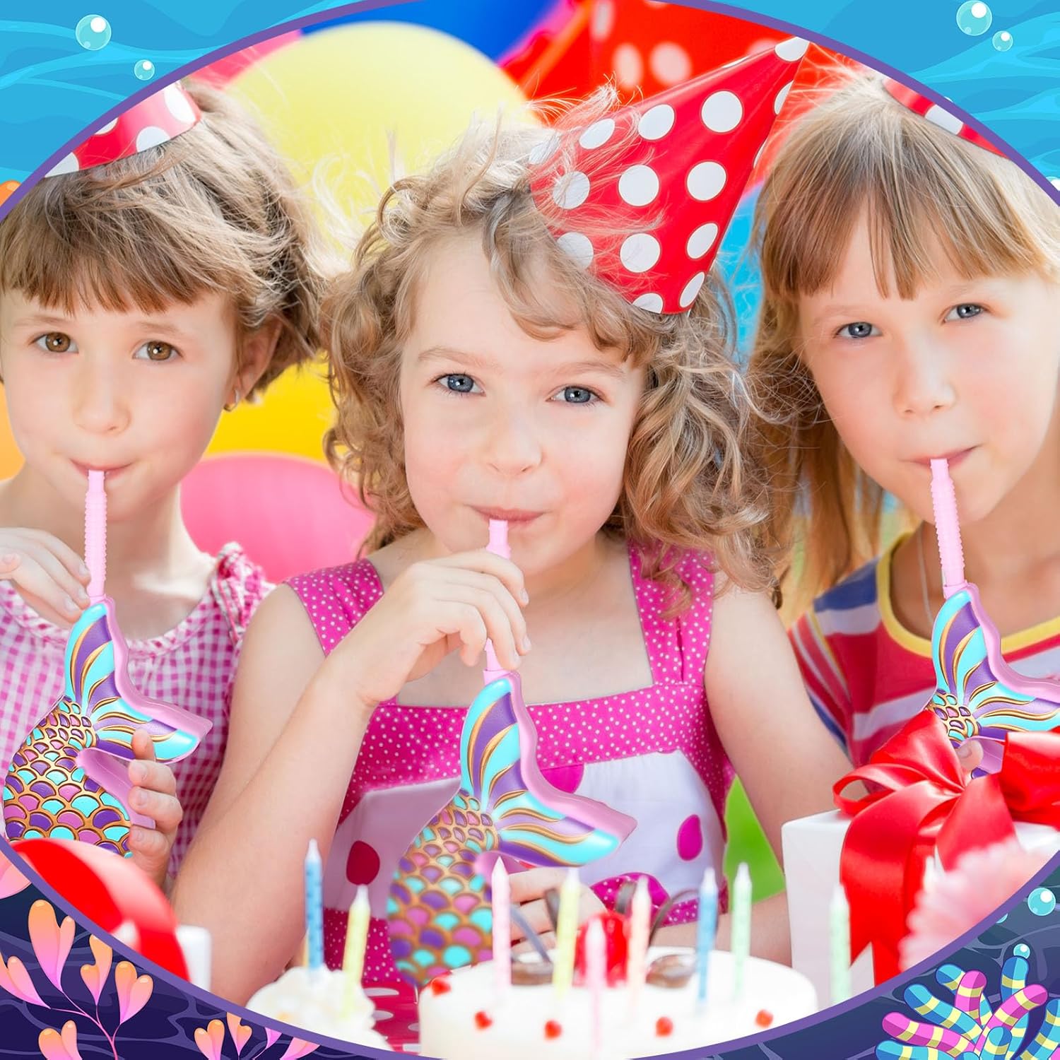 Tanlade Mermaid Cups with Straws 10 oz Plastic Mermaid Drink Cup Reusable Ocean Party Favors for Birthday Baby Shower Party Favors(12 Pcs)