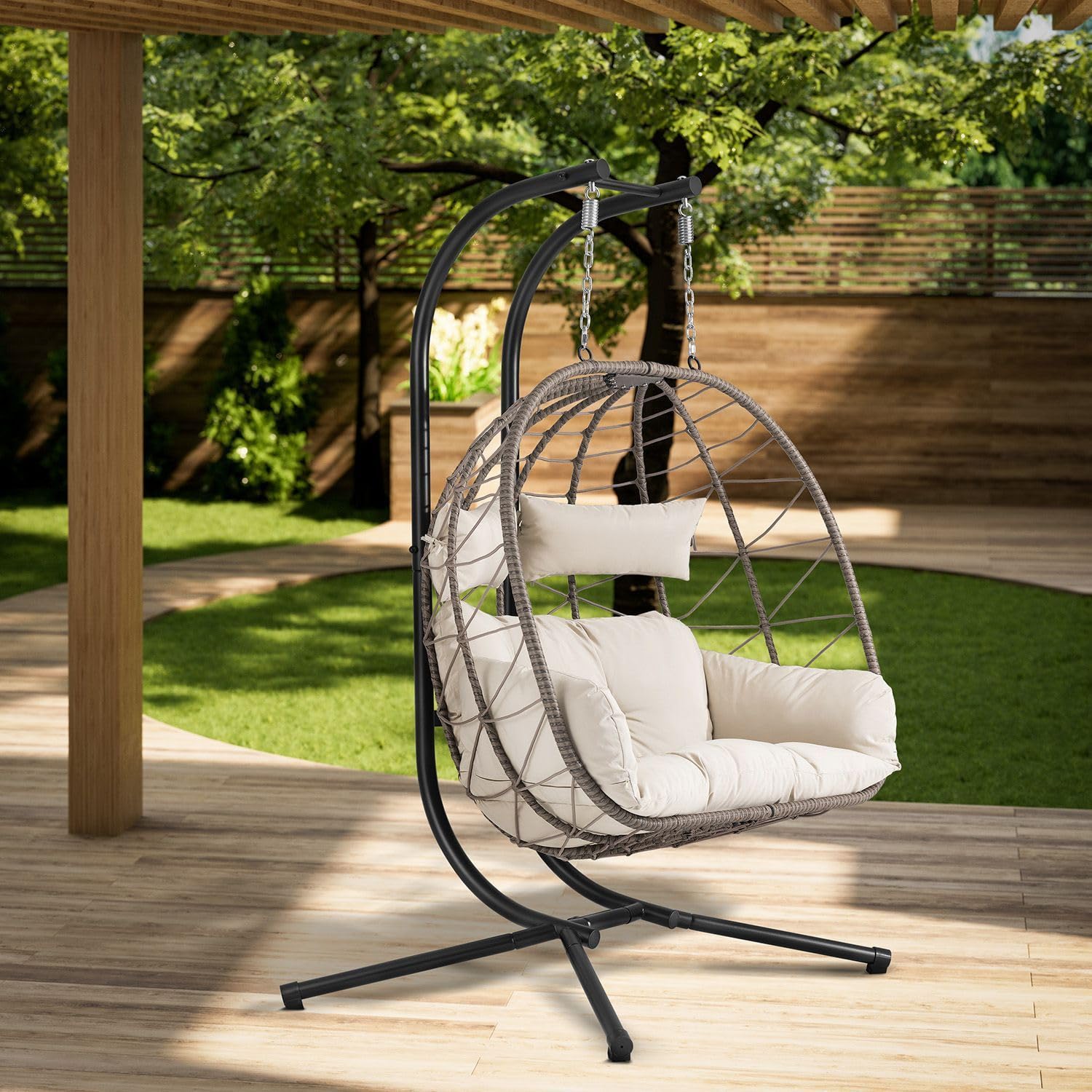 Fauteuil Suspendu Double Aria de Juskys - Fauteuil Suspendu en polyrotin avec Support & Coussins - balancelle pour Deux Personnes - Fauteuil d'extérieur/d'intérieur - Panier XXL Beige