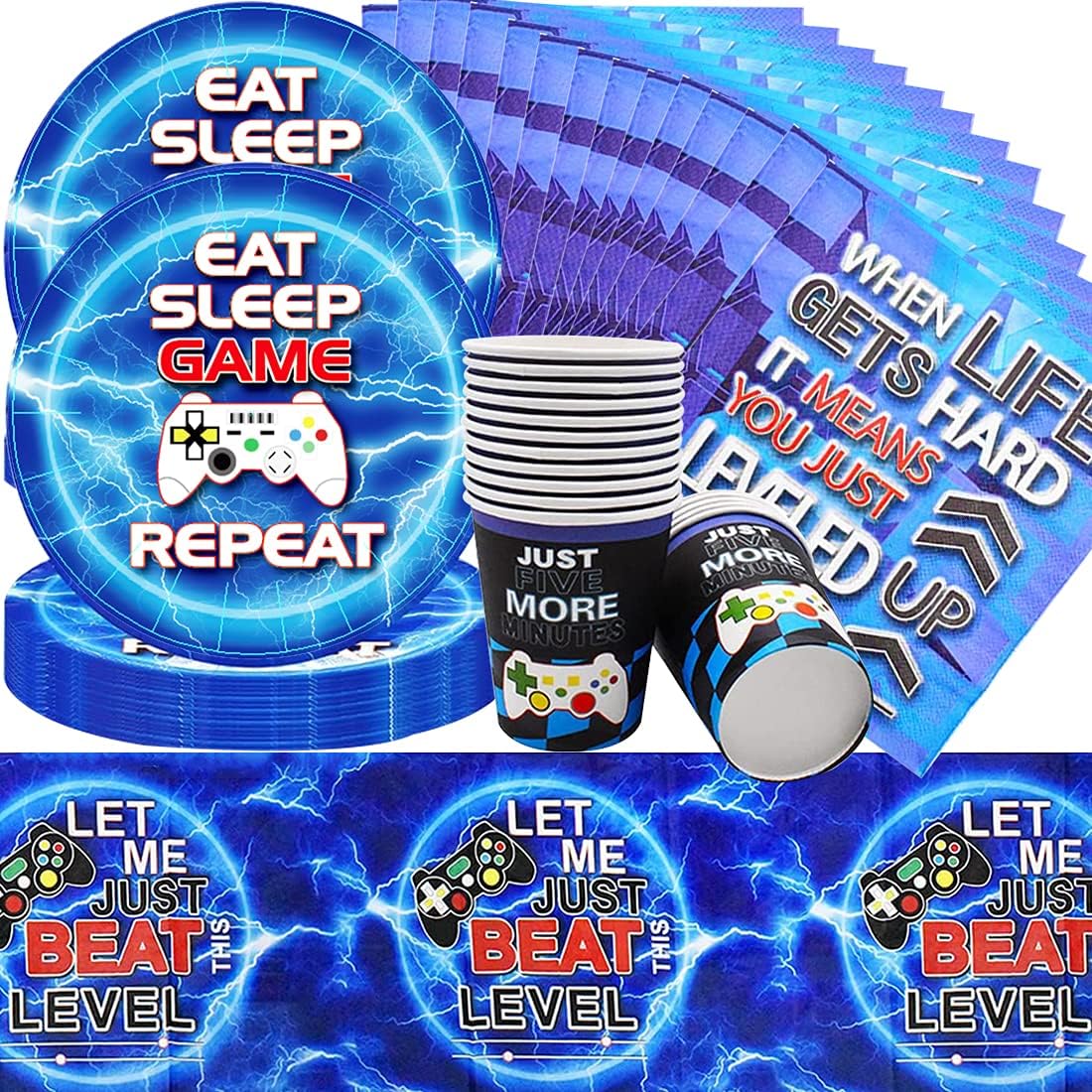 PAWT Doyomtoy Video Game Party Tableware - Game Party Accessory Set for Game Lovers, Plates Cups Napkins, Tablecloth, Video Game Party Accessories Supplies for Boys and Girls