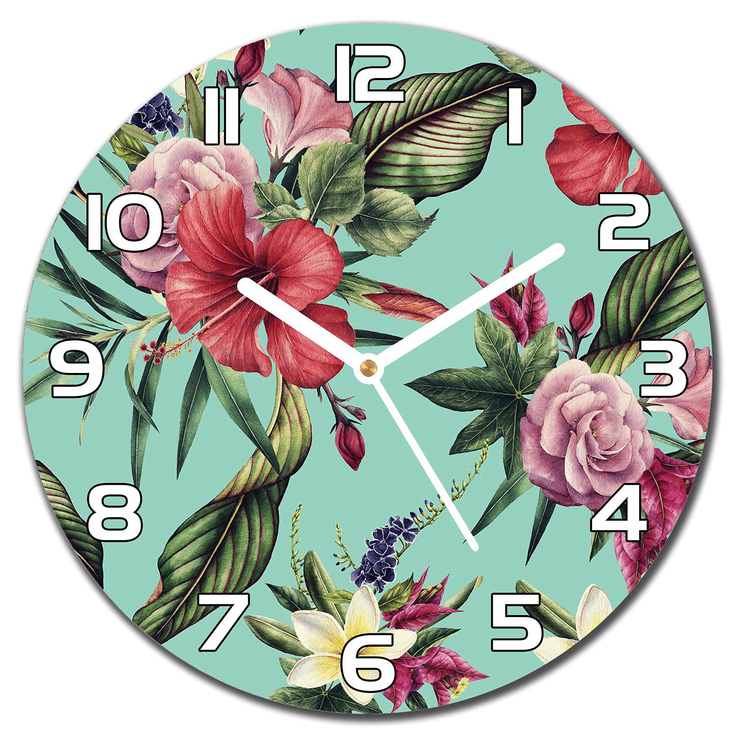 Horloge en verre lisible aiguilles blanches 30 cm motif fleurs d'Hawaii pour mur de salon
